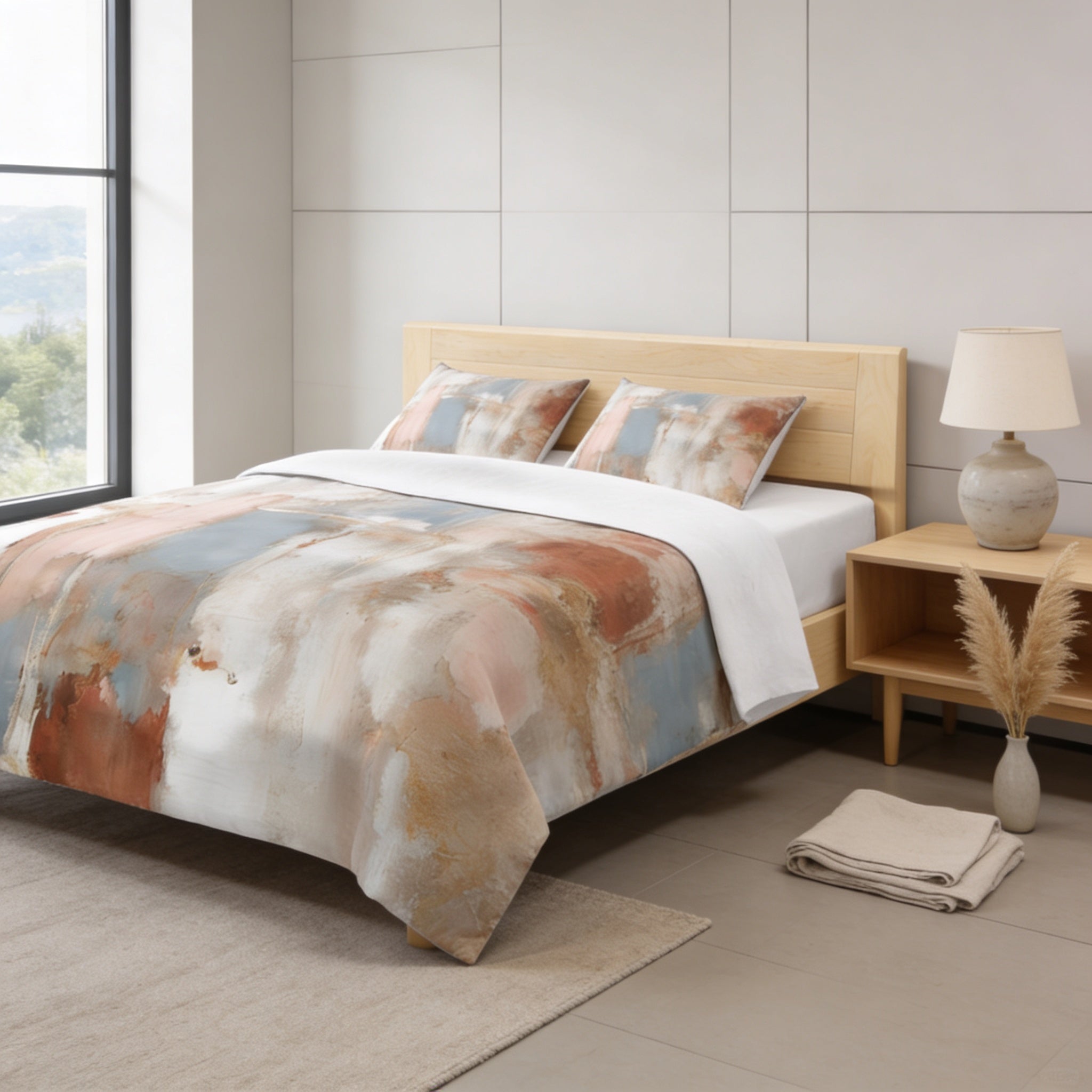a modern bedroom with a large bed, a wooden headboard, and a nightstand with a lamp. The bed has a colorful, abstract-patterned comforter and matching pillows. The room has a neutral color scheme with white walls and a beige carpet.