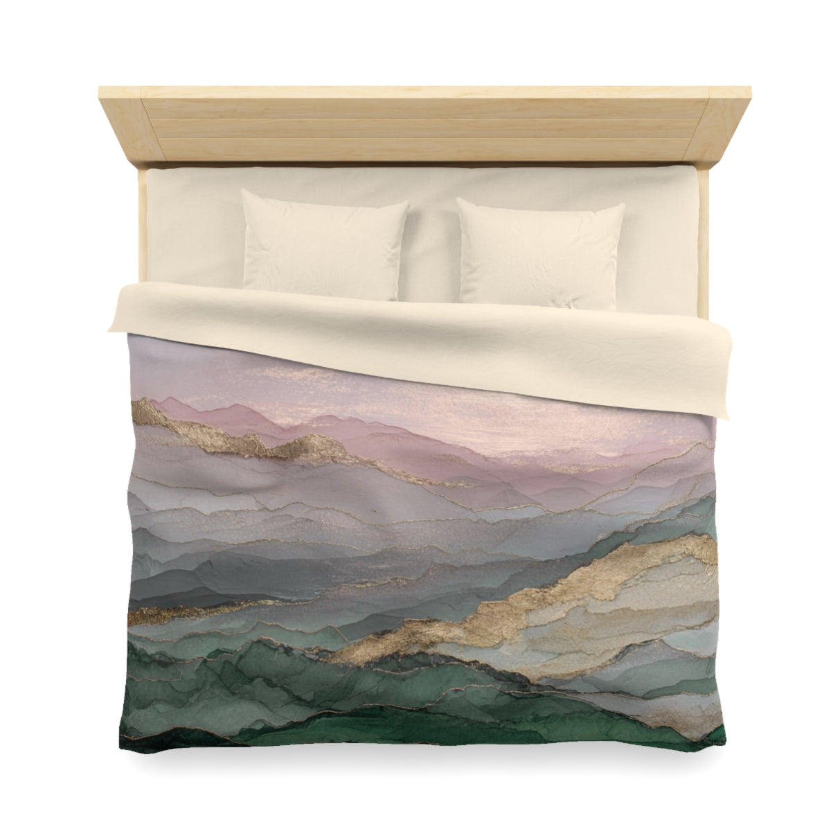 a bed with a colorful, abstract mountain landscape printed on the comforter.