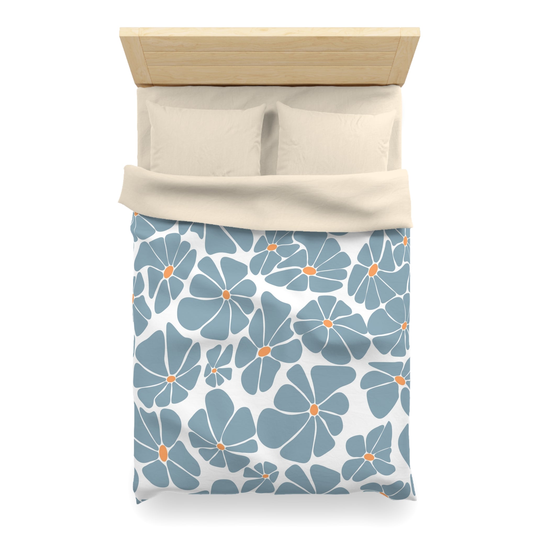 Retro, Floral Duvet Cover | Powder Blue White Orange Bedding | Bedroom Decor