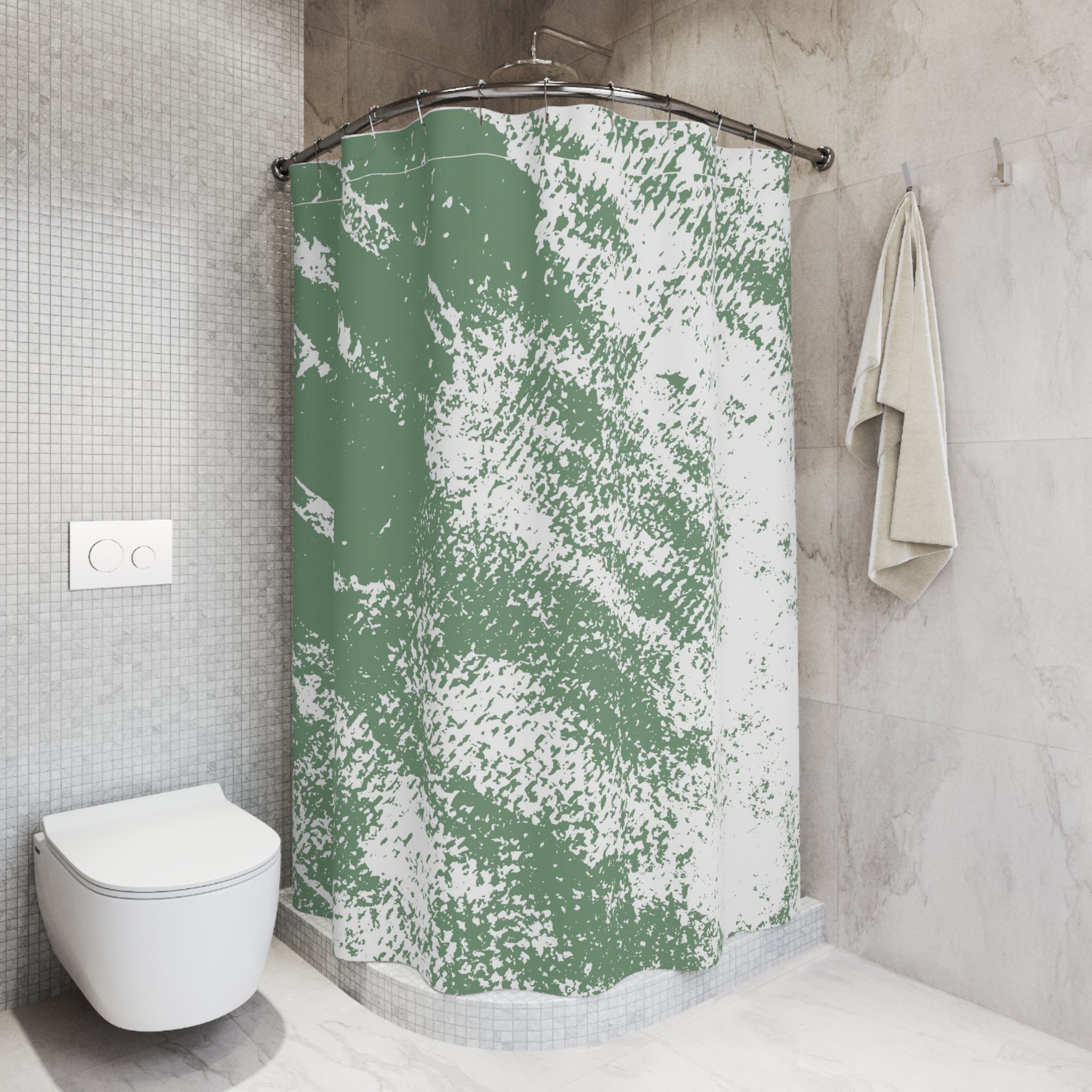 Sage Green White Shower Curtain | Minimalist Fabric Curtain