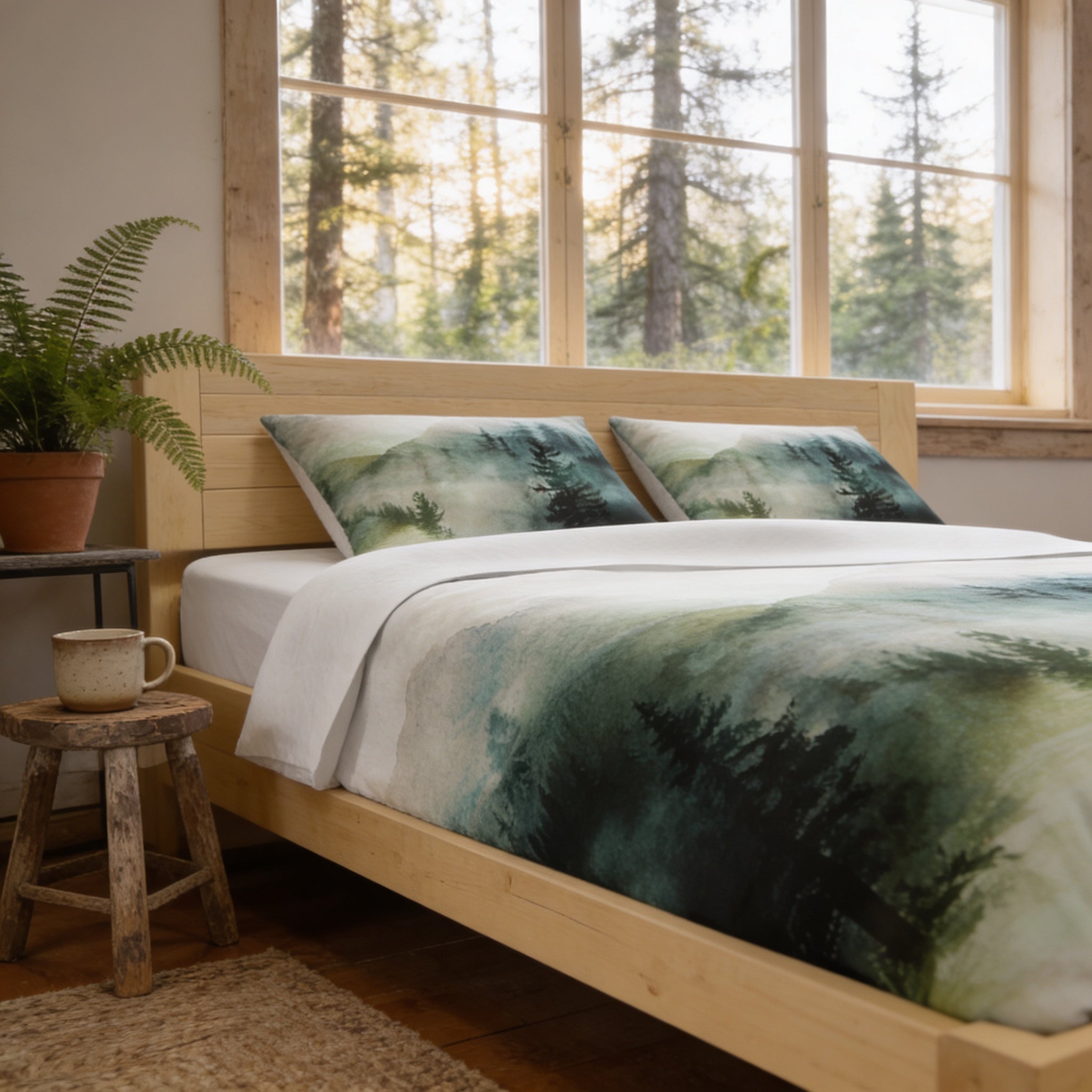a serene bedroom scene with a wooden bed frame, a wooden nightstand, and a large window overlooking a forest. The bed is adorned with a green and white patterned comforter, and the room has a cozy and inviting atmosphere.
