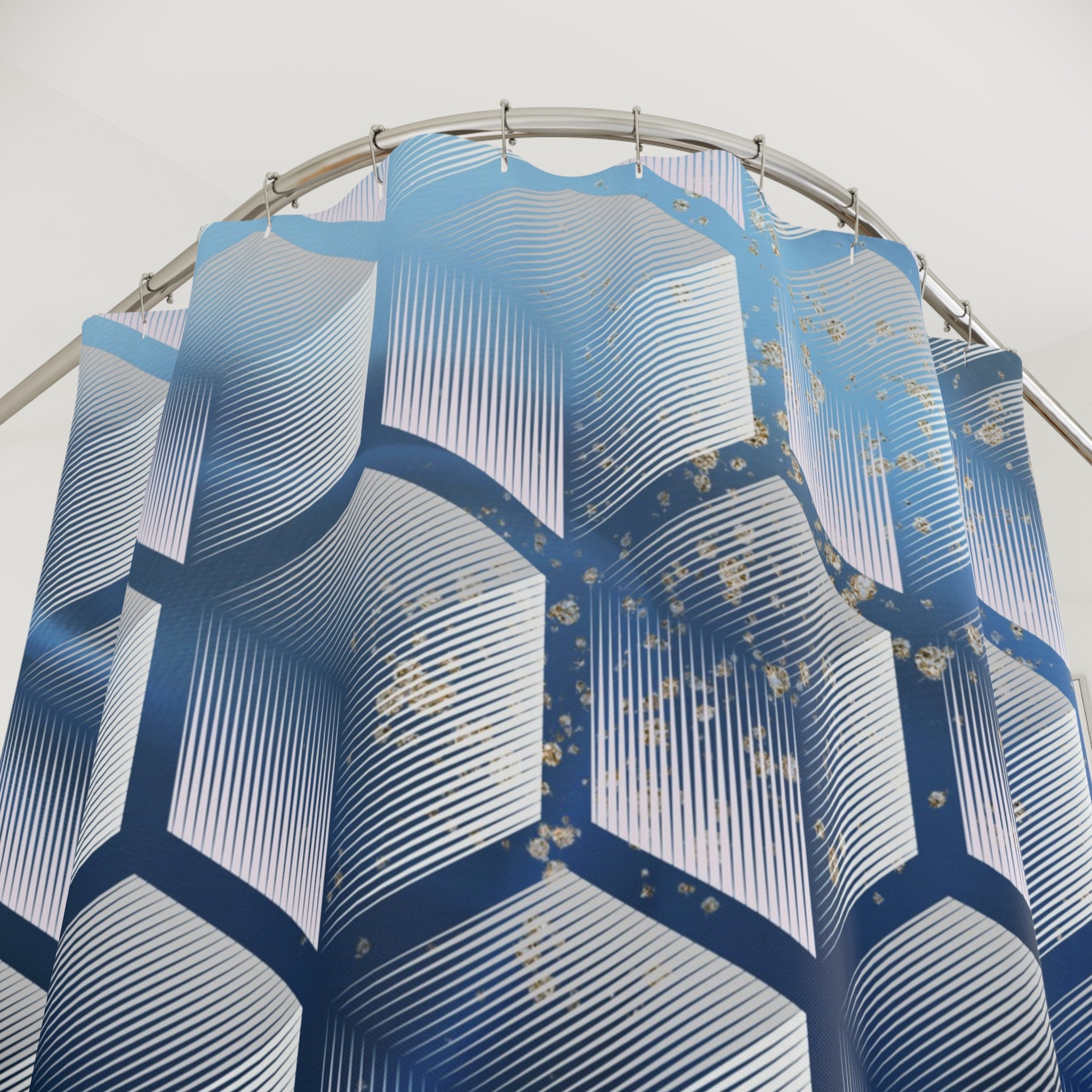 Sapphire blue and white geometric hexagon shower curtain, close-up of the pattern detail