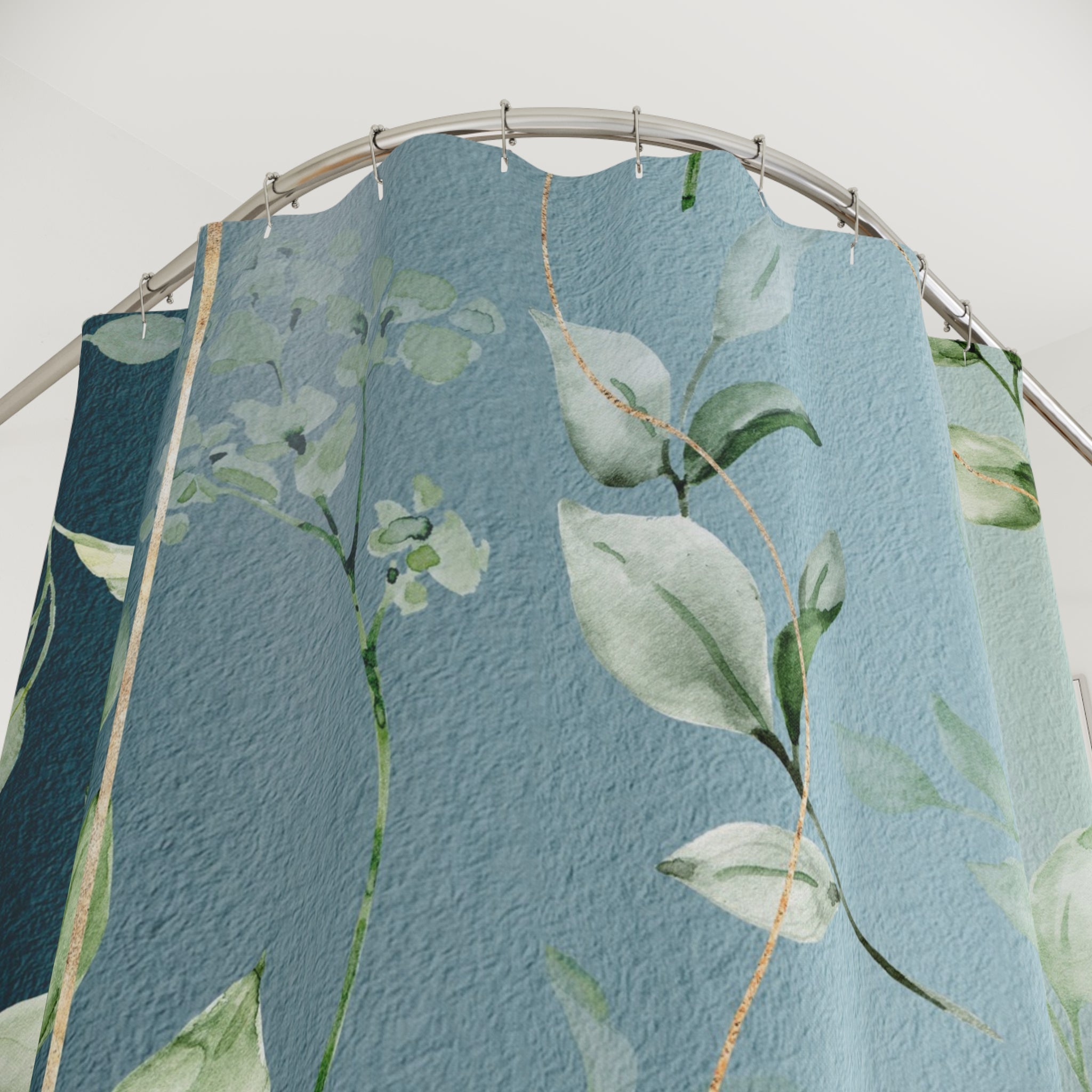 Boho Floral Shower Curtain | Navy Dusty Blue, Sage Green Leaves