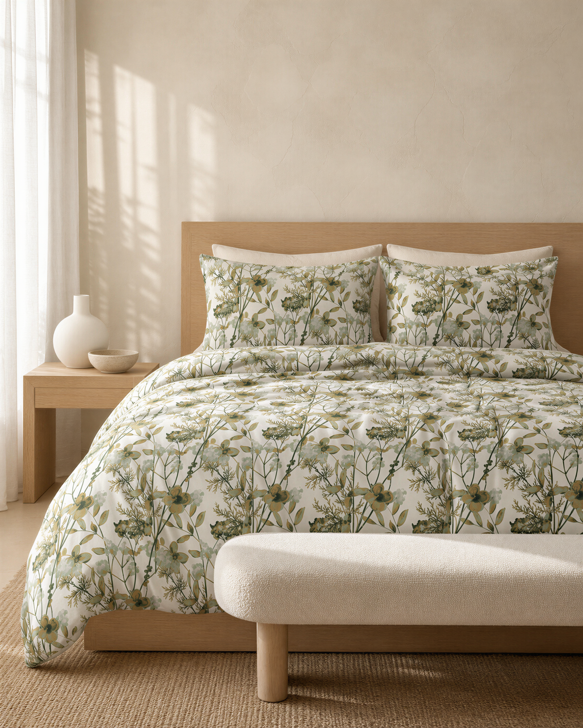 a serene and cozy bedroom with a large bed adorned with a floral print comforter and pillows. The bed is positioned against a wall, with a wooden headboard and footboard. A white bench is placed in front of the bed, and a white vase is visible on a nearby table. The room has a neutral color palette, with the floral print bedding adding a touch of nature and warmth to the space.