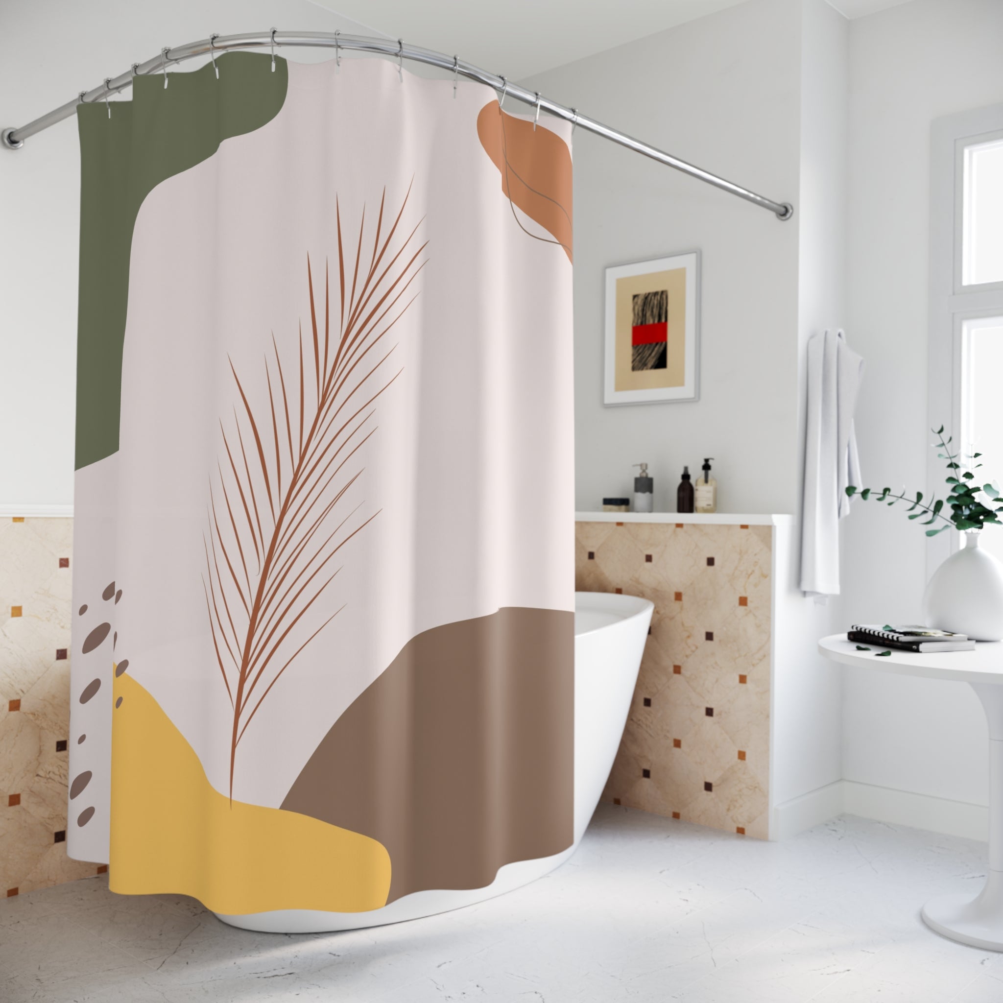 Boho Shower Curtain | Blush Pink, Yellow Brown Green Abstract