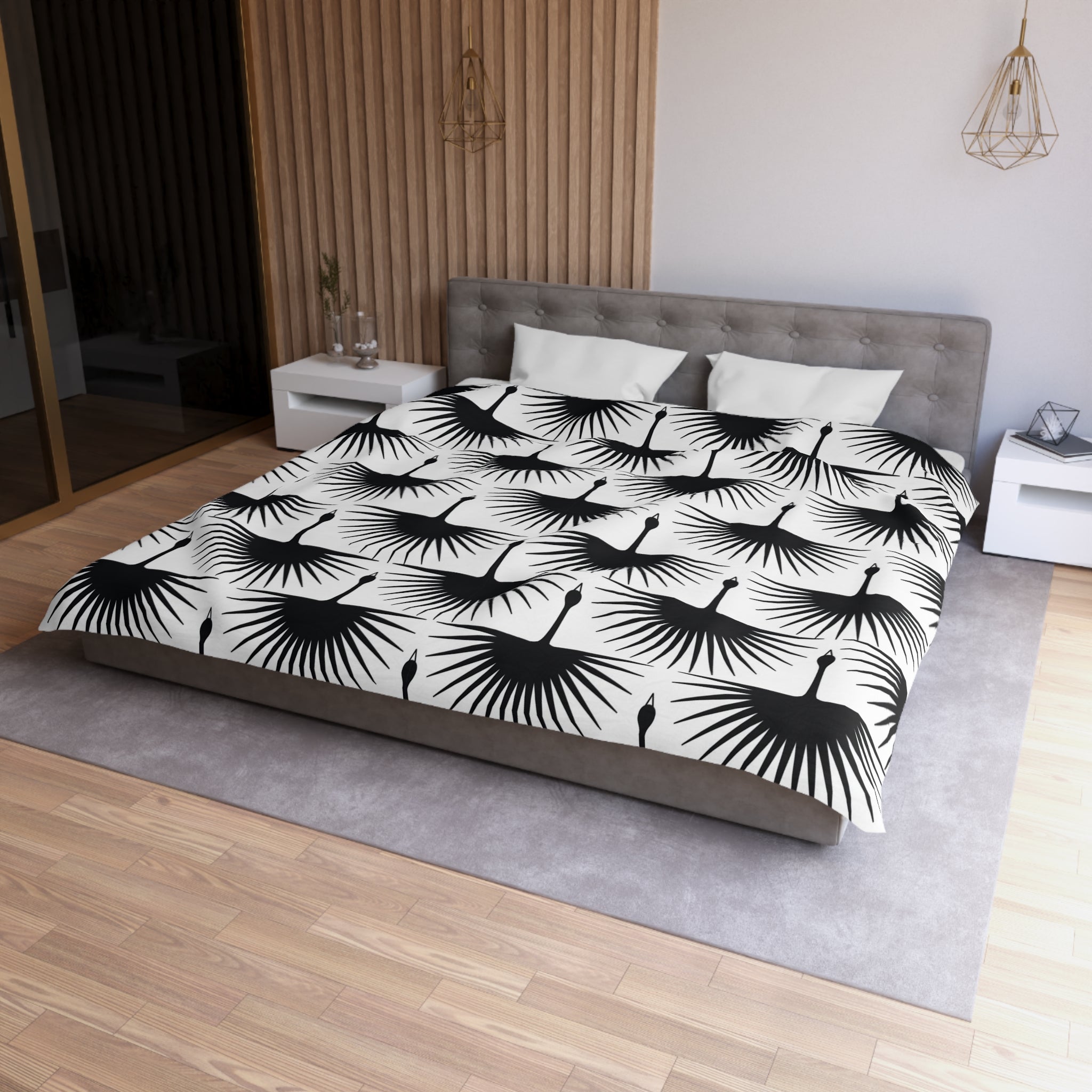 Boho Duvet Cover | Black White Crane Birds | Bedroom Decor