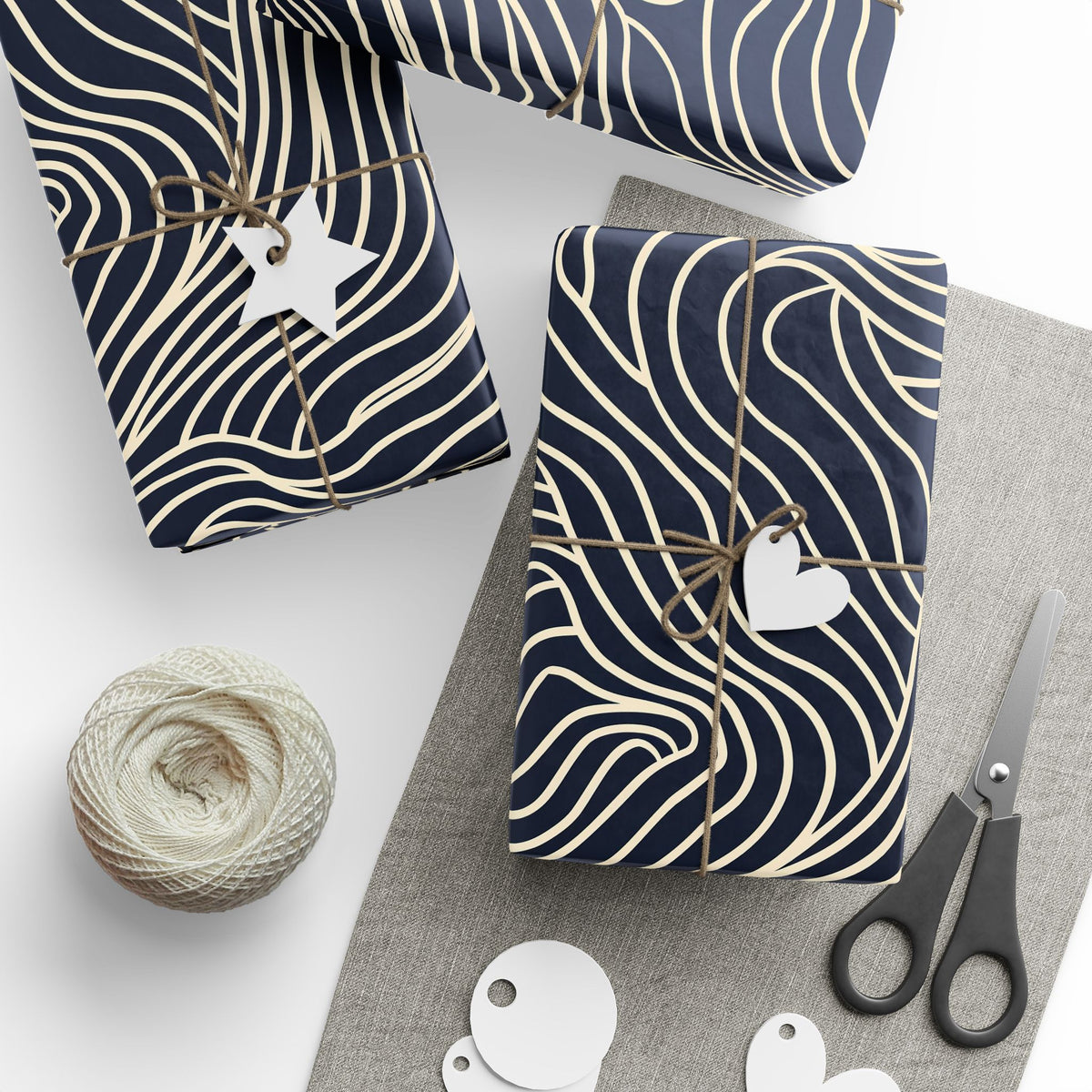Navy Cream Abstract Wavy Lines Wrapping Paper, Gift Wrap