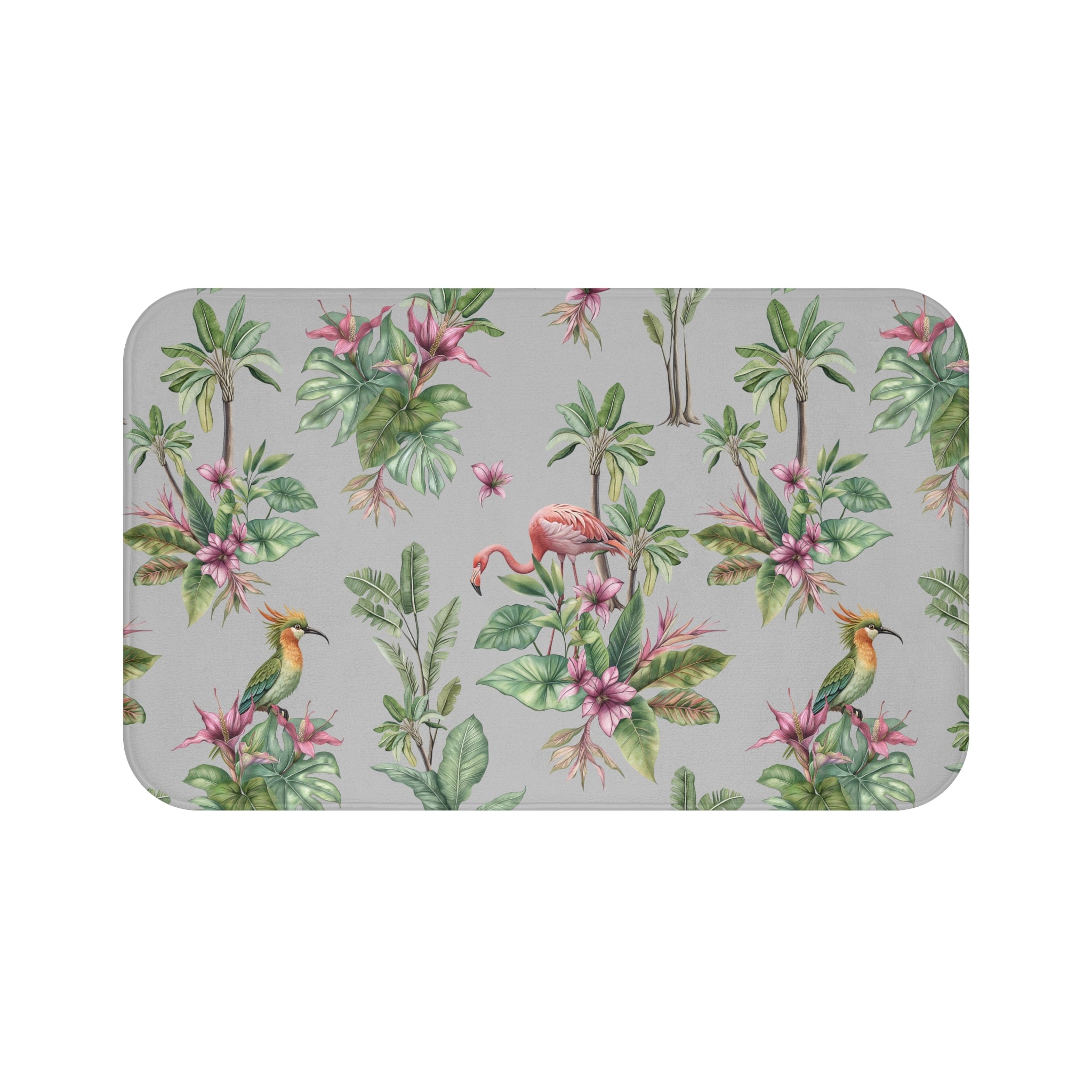 Tropical Bath Mat | Grey Green, Pink Flamingo, Birds Nature Kitchen Mat