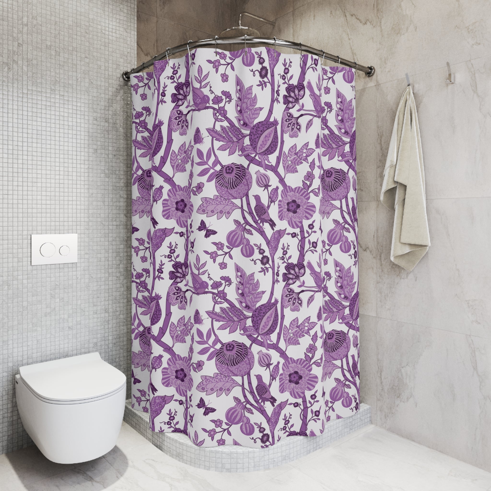 Chinoiserie Shower Curtain | Purple White Floral, Vintage