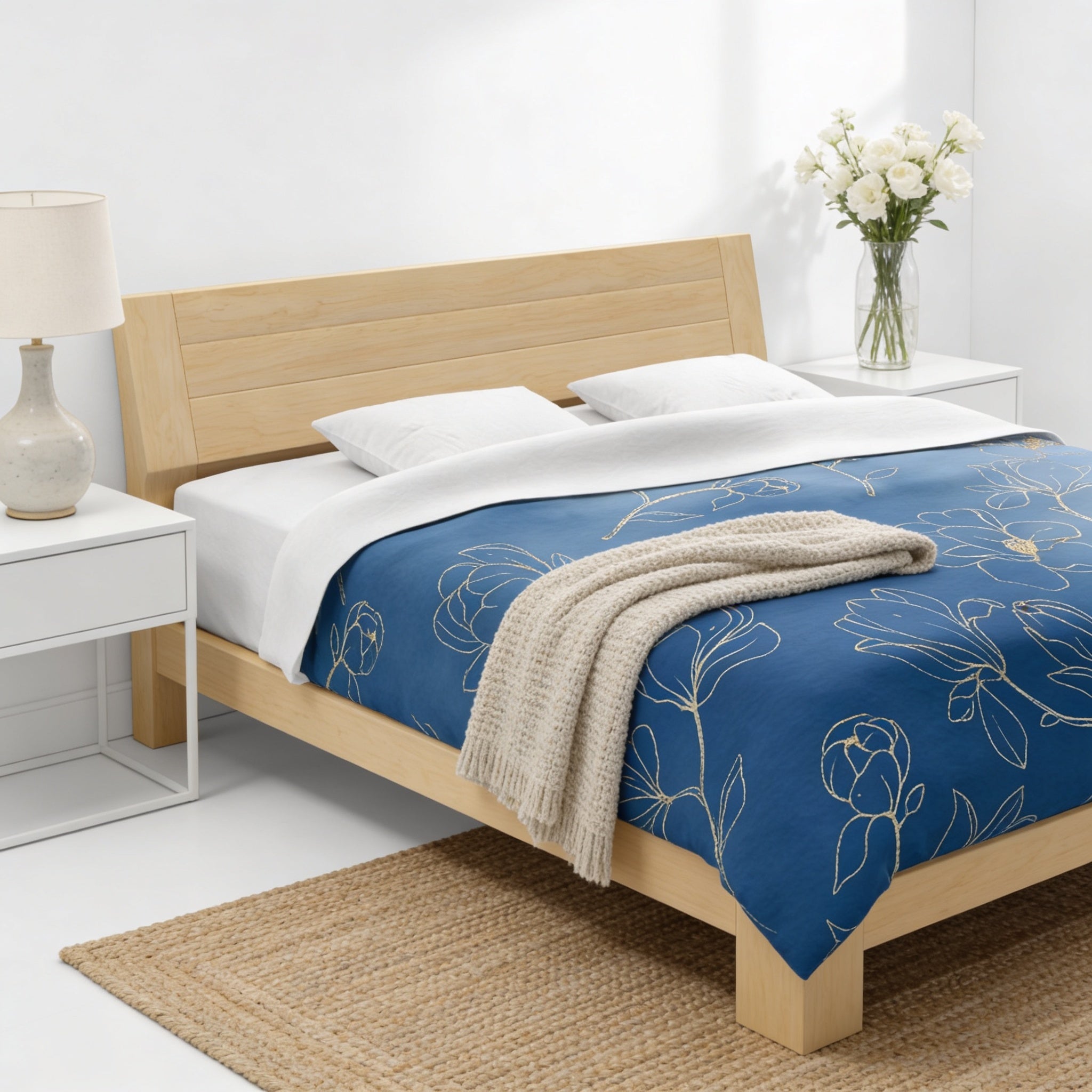 a serene and cozy bedroom with a large bed, a wooden headboard, and a blue floral comforter. The bed is adorned with white pillows and a beige throw blanket. A vase of white flowers is placed on the nightstand next to the bed, adding a touch of elegance to the room. The overall color scheme of the room is predominantly white and blue, creating a calming and inviting atmosphere.