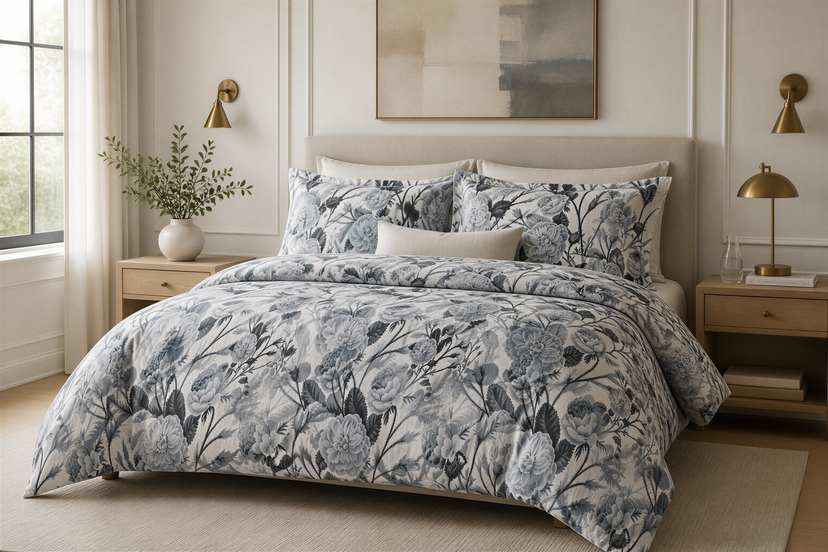 a bedroom with a large bed covered in a floral comforter and pillows. The bed is positioned against a wall with a painting above it. The room also features a nightstand on each side of the bed, and a window with curtains. There is a vase of greenery on the nightstand, adding a touch of nature to the space.