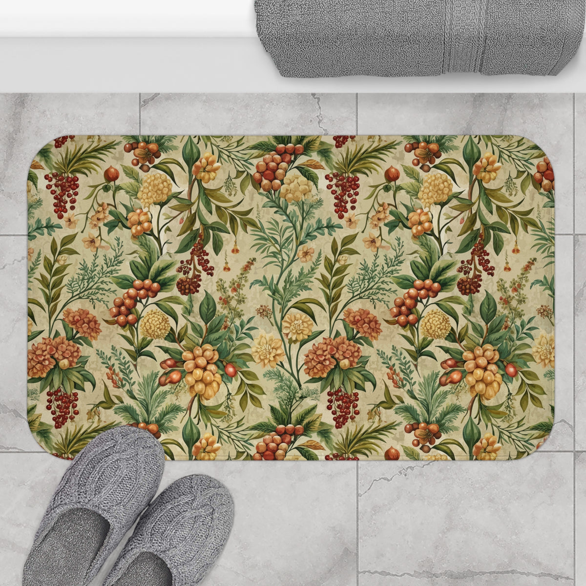 a bathroom mat with a floral pattern, placed on a tiled floor next to a pair of gray slippers.