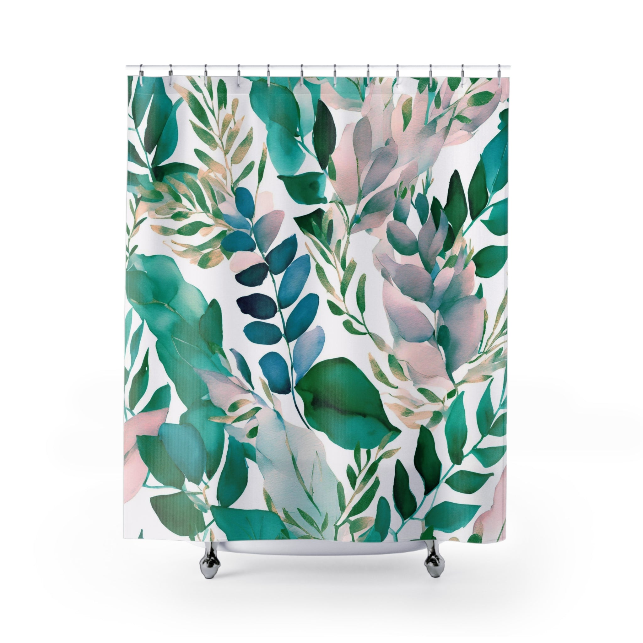 Modern Shower Curtain | Green Blue, Blush Pink Floral Bath Curtain