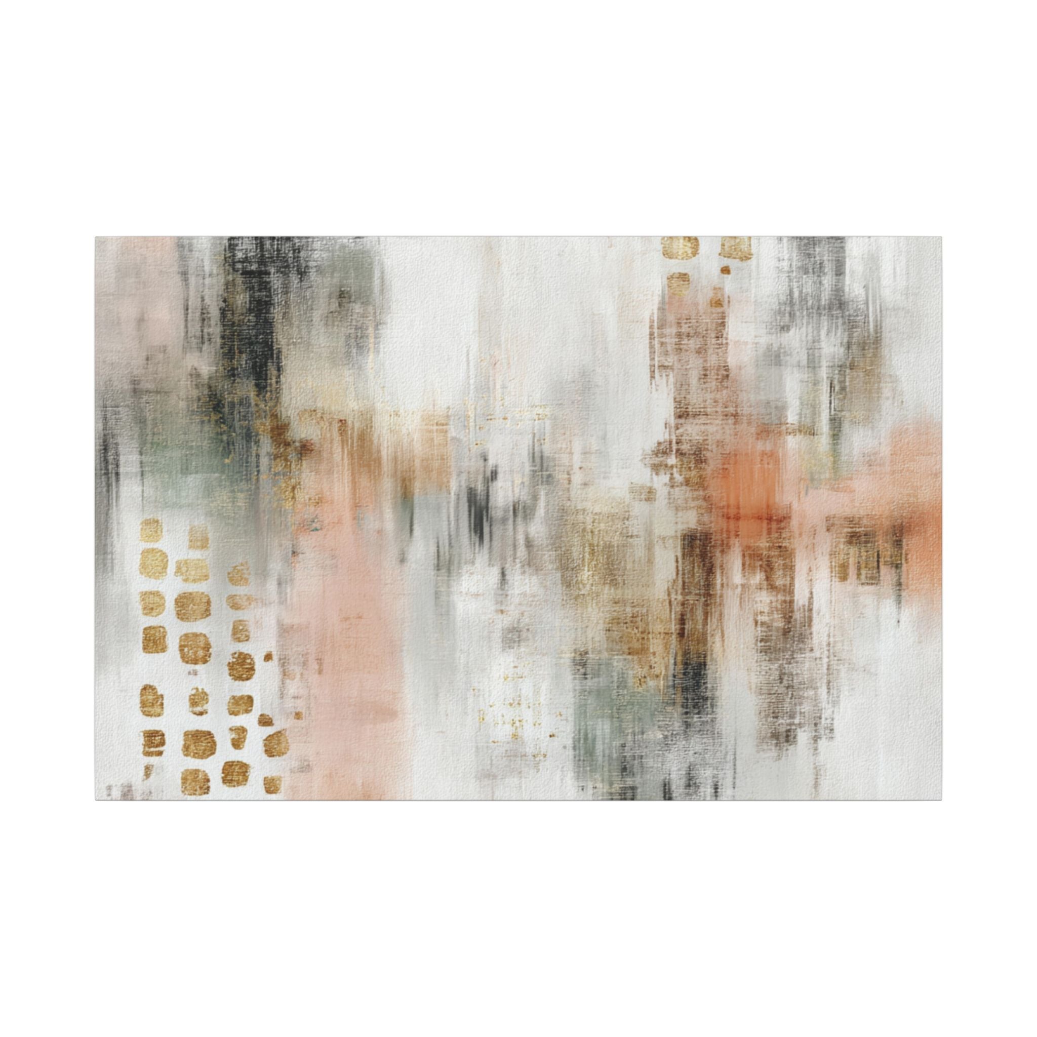 The image is an abstract painting with a mix of colors and textures, including shades of white, gray, and orange. The painting appears to be a collage of various elements, creating a visually interesting and dynamic composition.
