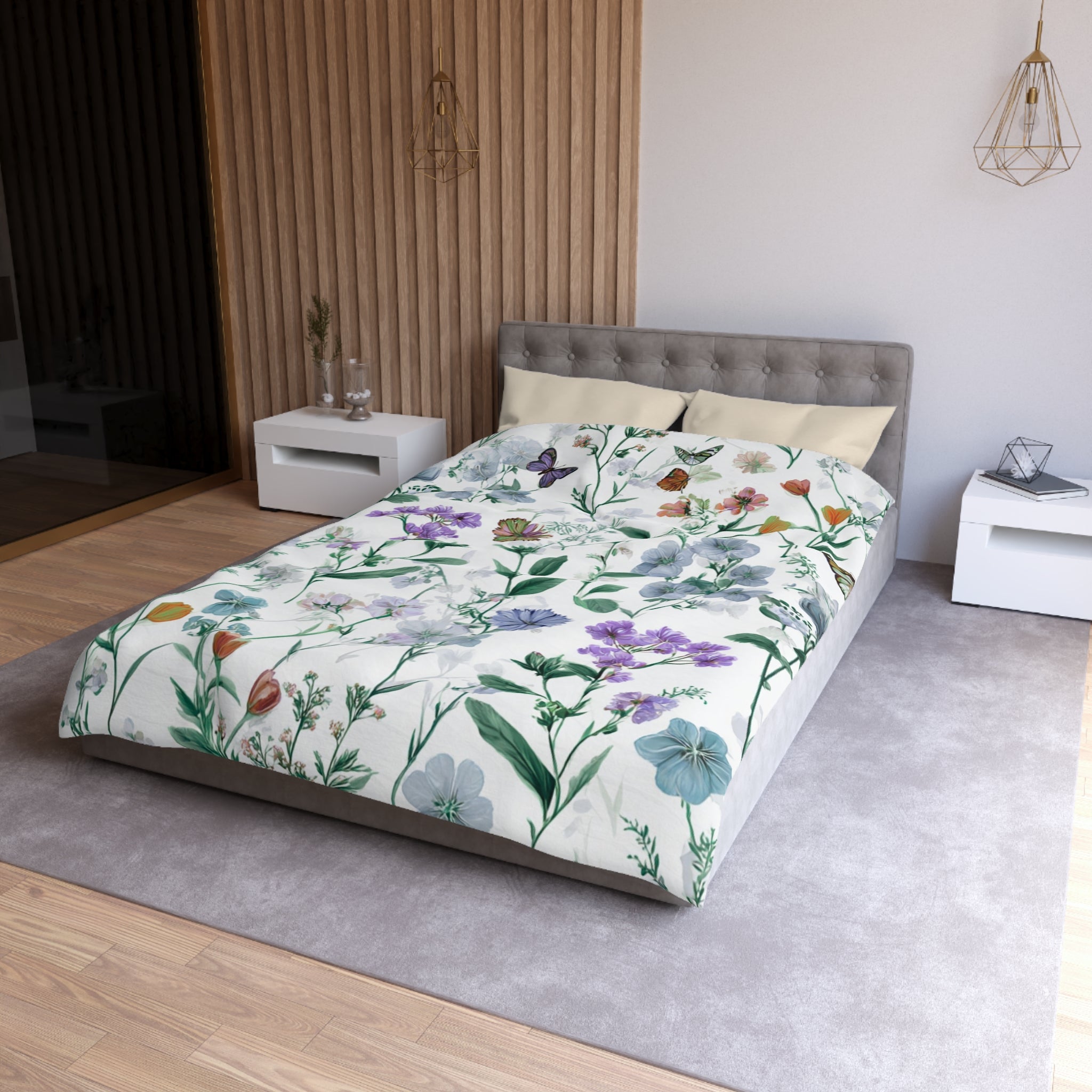Floral Modern Duvet, Pillow Cover | White Green Bedroom Decor