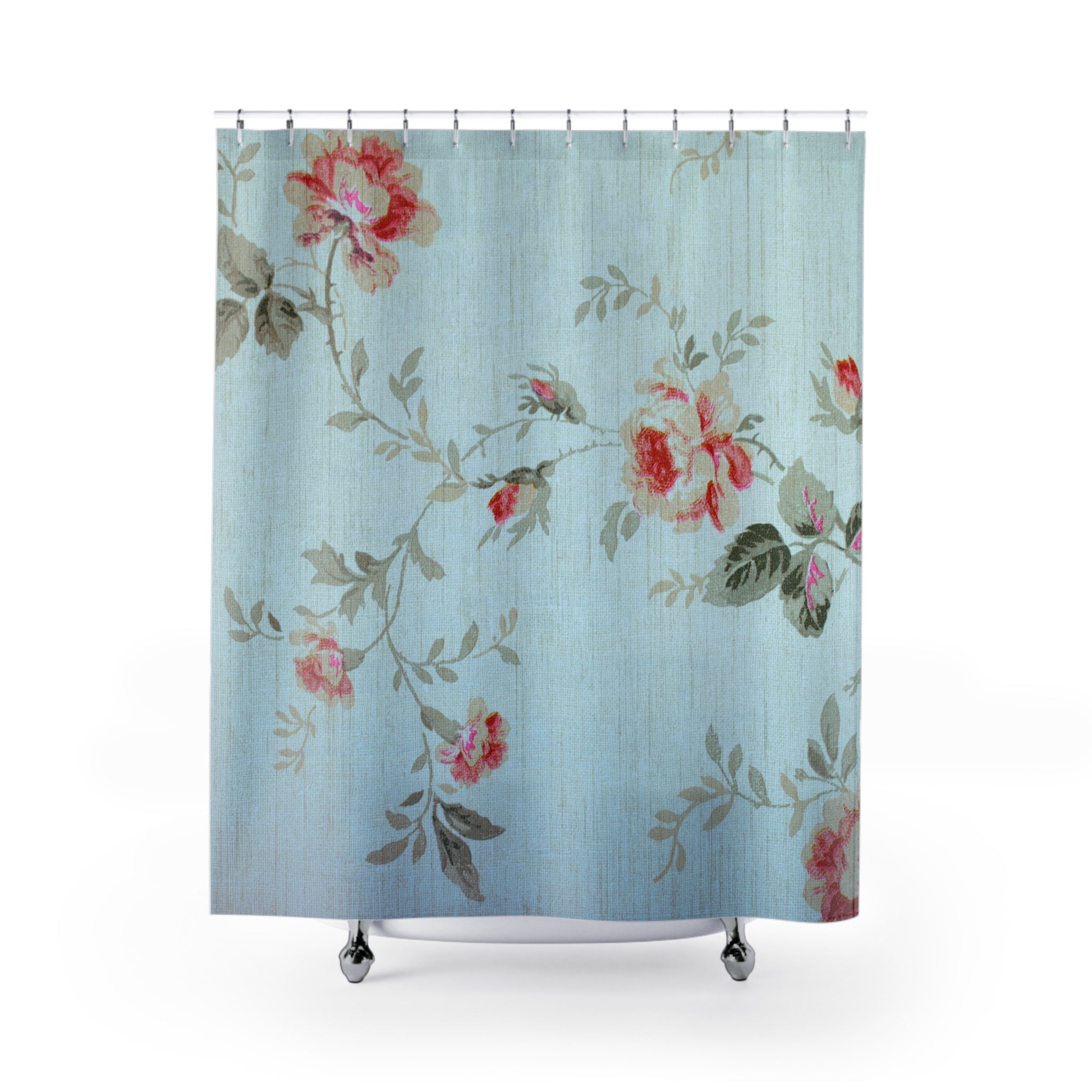 Boho Vintage Shower Curtain | Pale Blue Red Floral