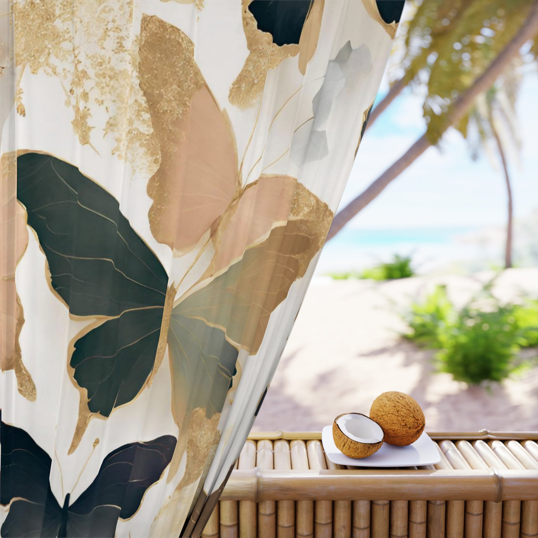 Butterflies Window Curtain | Neutral Beige, Navy Blue