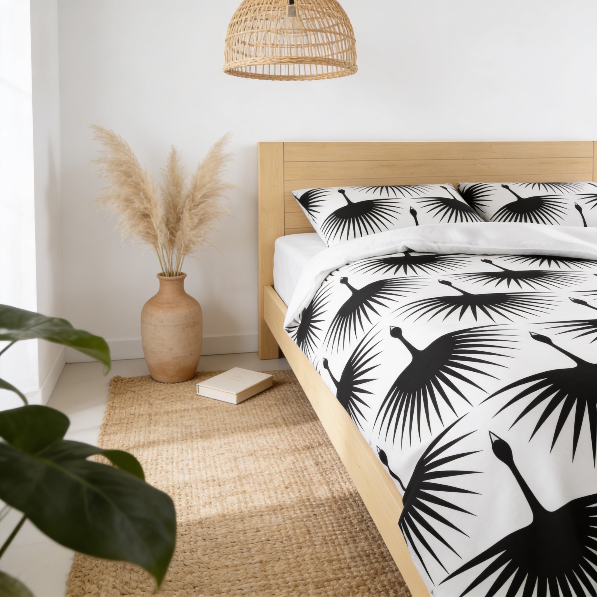 a bedroom with a bed, a wooden headboard, and a woven light fixture hanging above it. The bed has a black and white patterned comforter and matching pillows. There is a vase with potted plants and a book on the floor next to the bed. The room has a neutral color scheme with a woven rug and a woven light fixture.