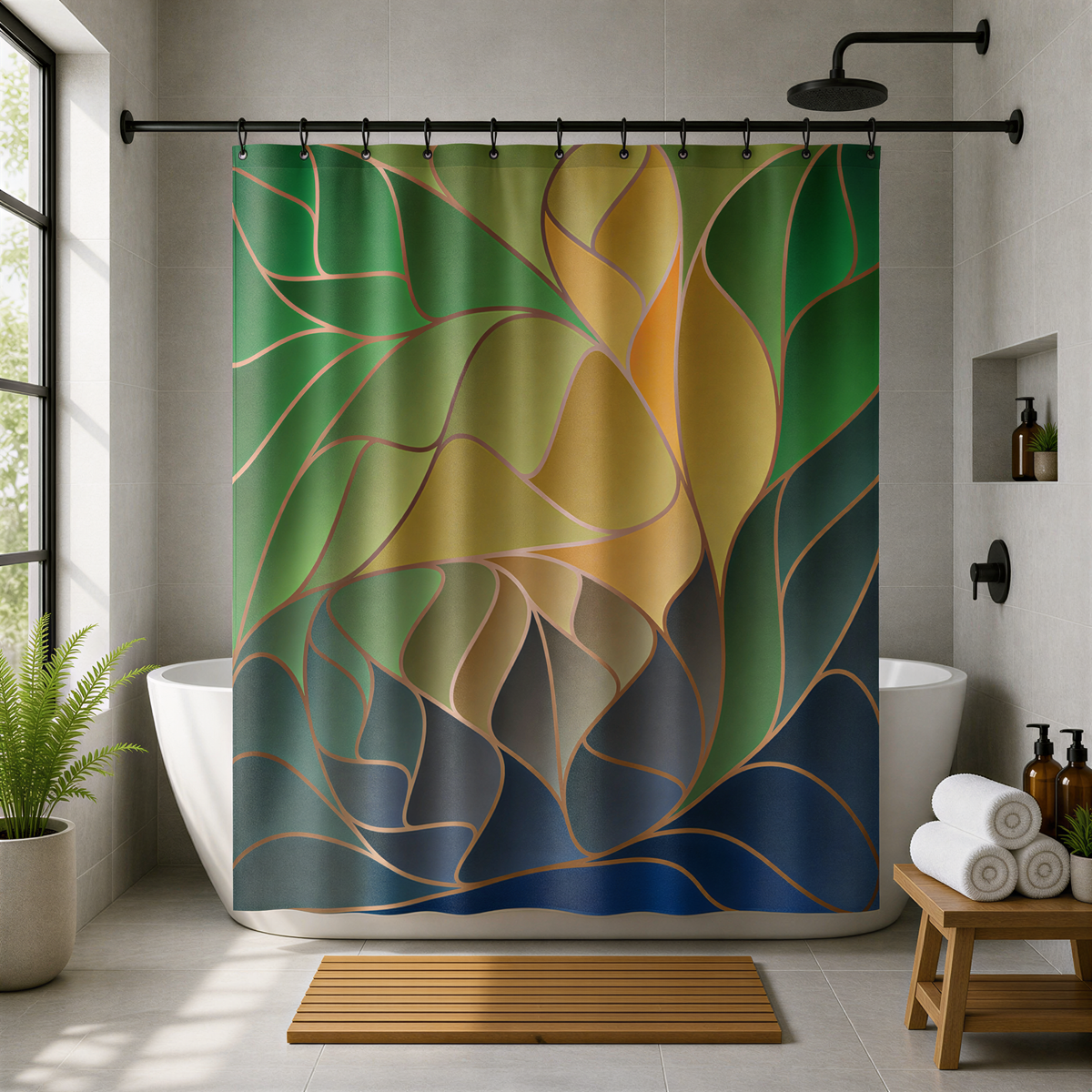 a bathroom with a colorful abstract patterned shower curtain hanging above a white bathtub. The shower curtain has a mix of green, yellow, and blue colors, creating a vibrant and lively atmosphere. The bathroom also includes a wooden bench, a potted plant, and some bottles, adding to the overall aesthetic of the space.