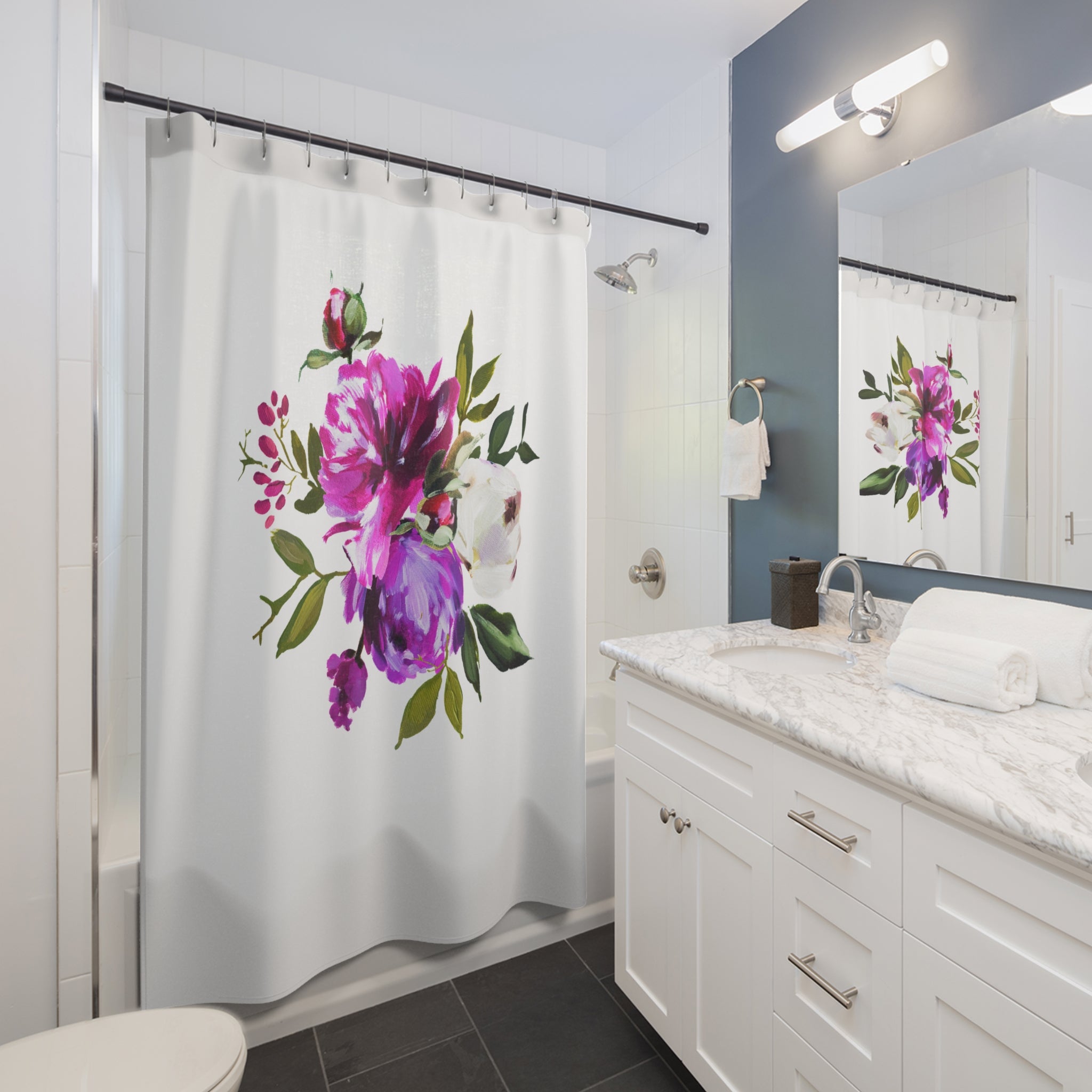 Modern Floral Shower Curtain | Pink Purple, Green Botanical