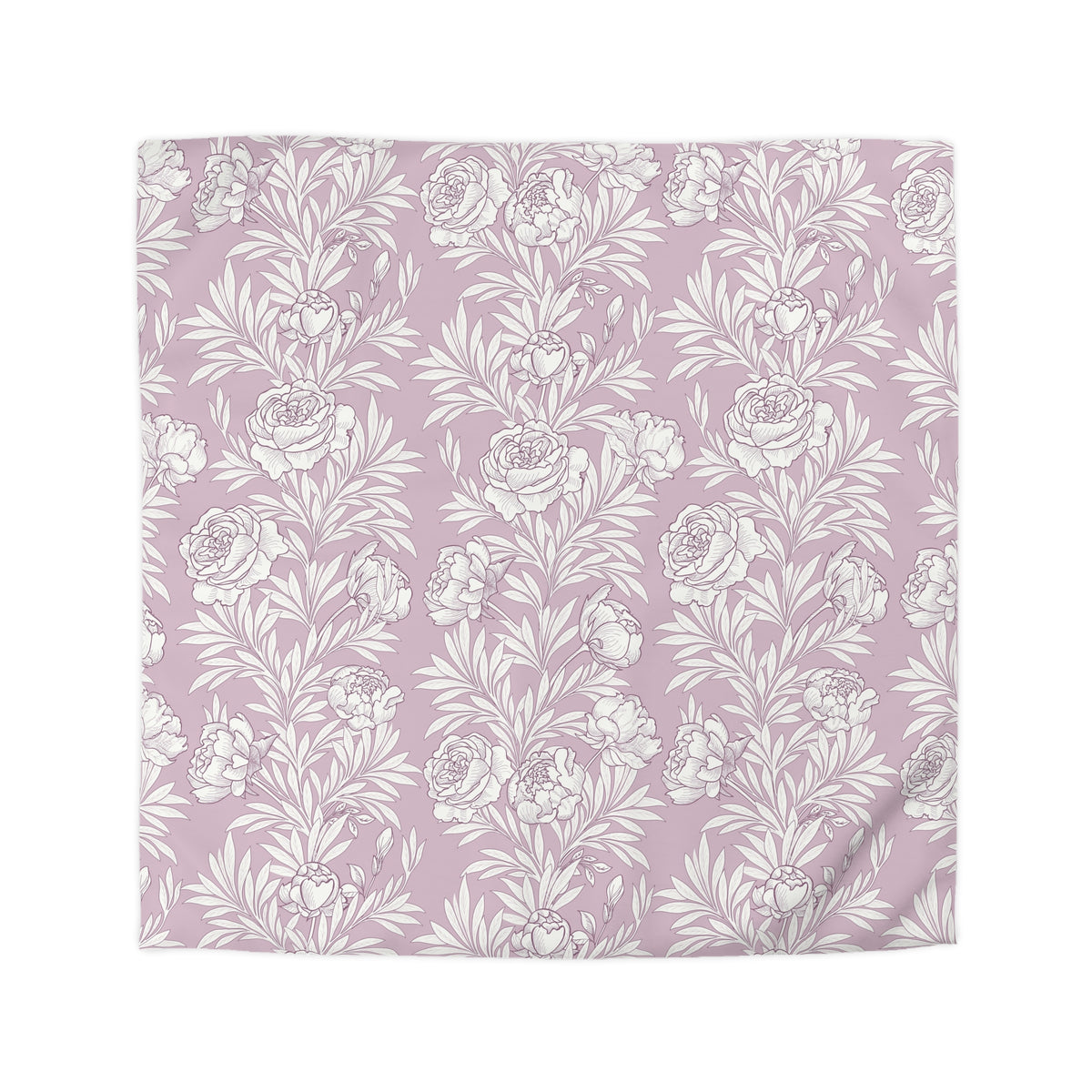 a repeating pattern of white flowers and leaves on a light purple background.