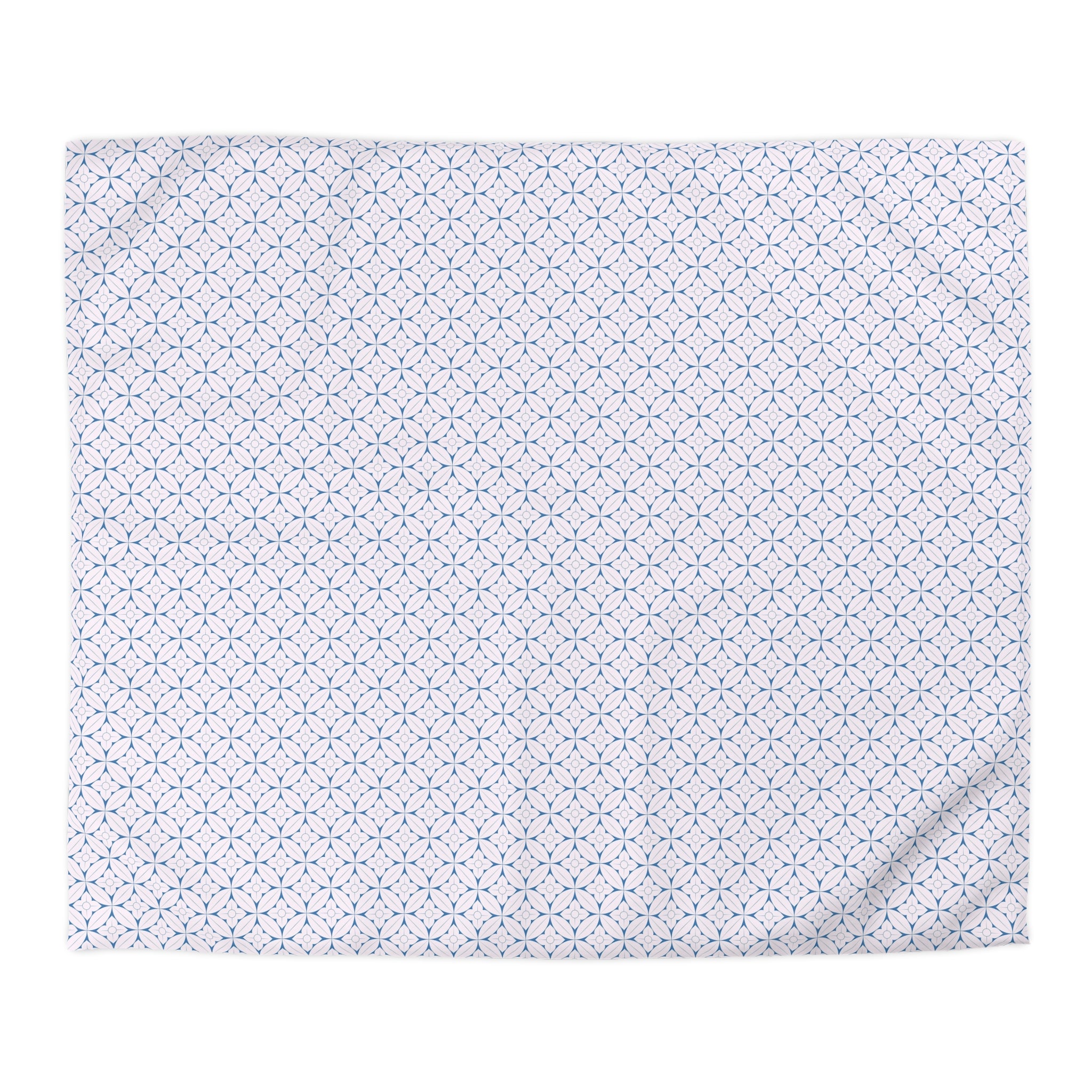 a square with a repeating pattern of blue and white stars or dots on a white background.