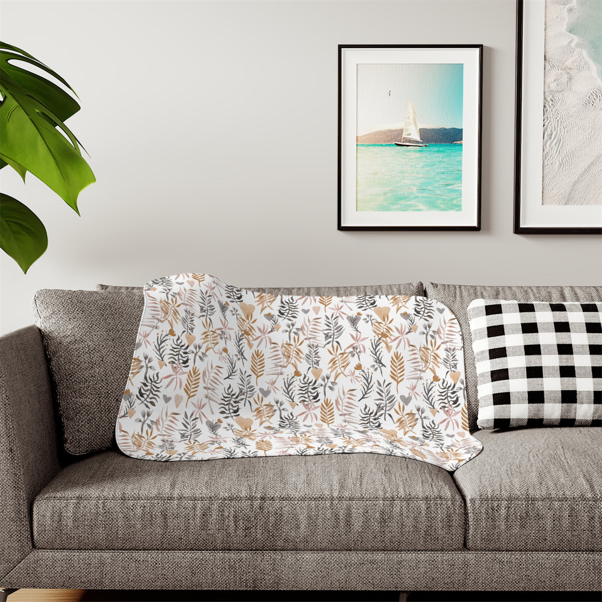 Boho Botanical Leaf Sherpa Blanket | Blush Caramel Gray Throw