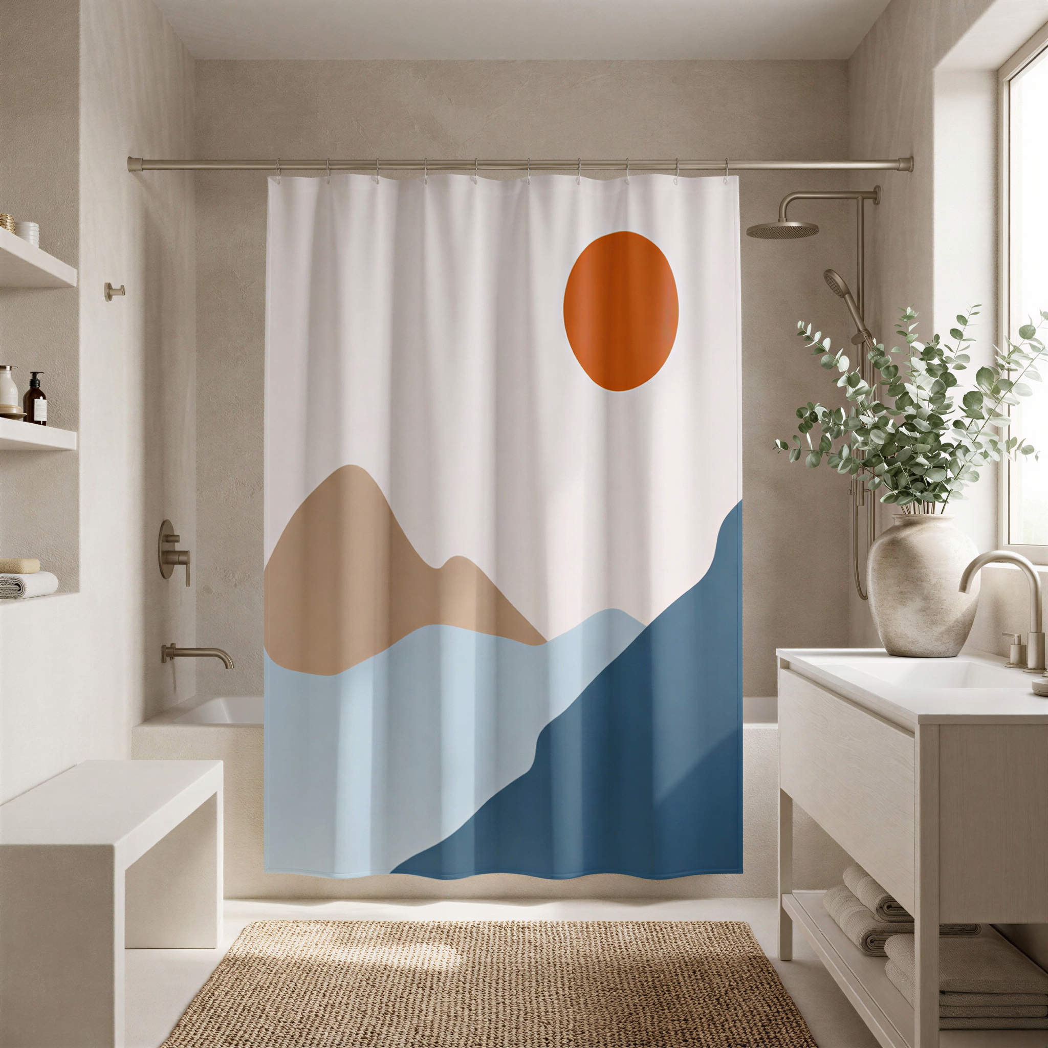 a bathroom with a shower curtain featuring a mountain landscape design.