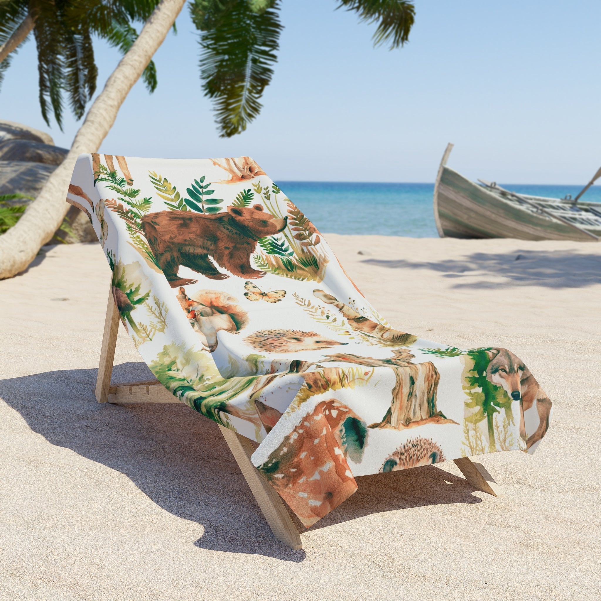 Floral Bath, Beach Towel | Forest Wild Animals, Nature Beige Green