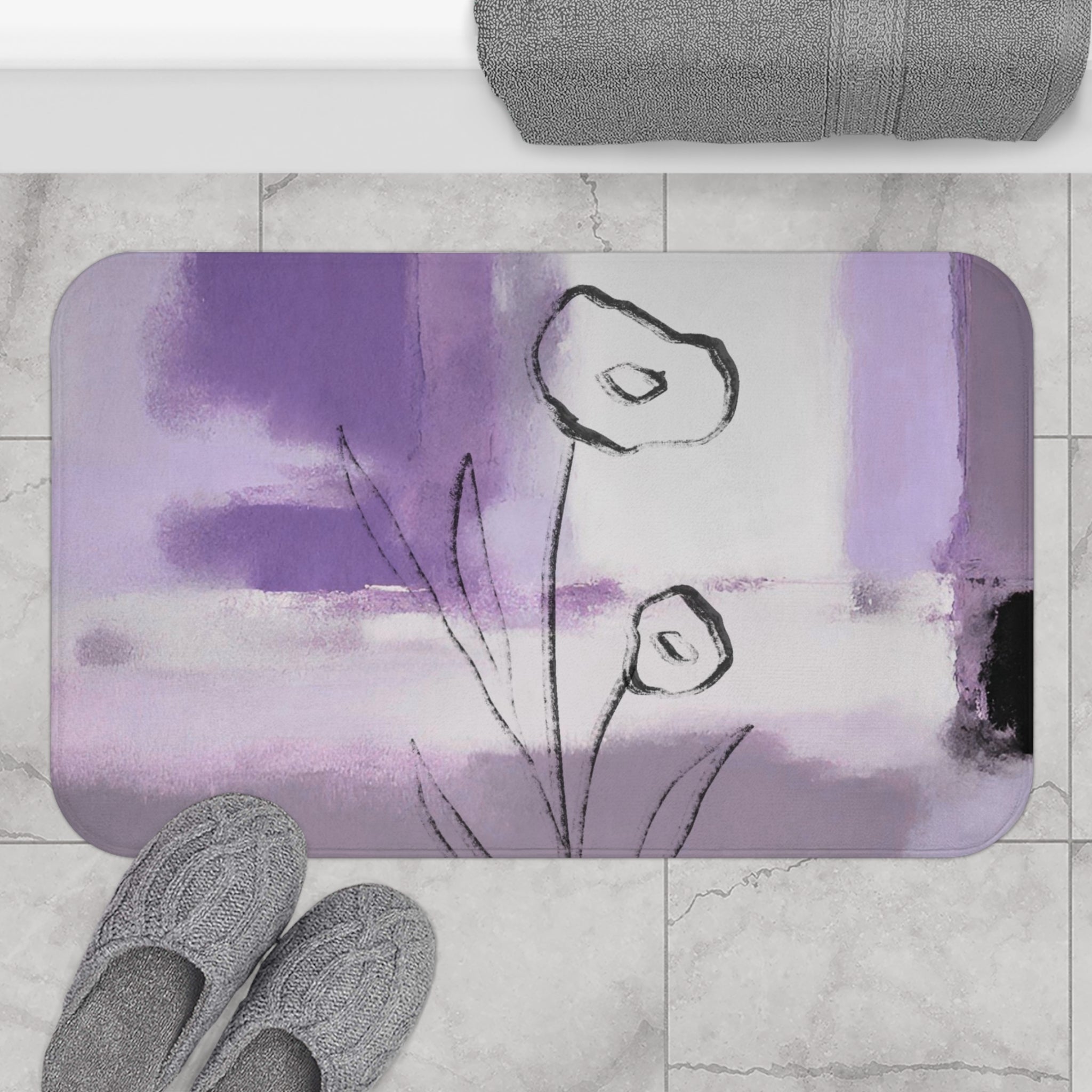 Boho Abstract Bath Mat | Lavender Lilac Purple, Black Kitchen Mat