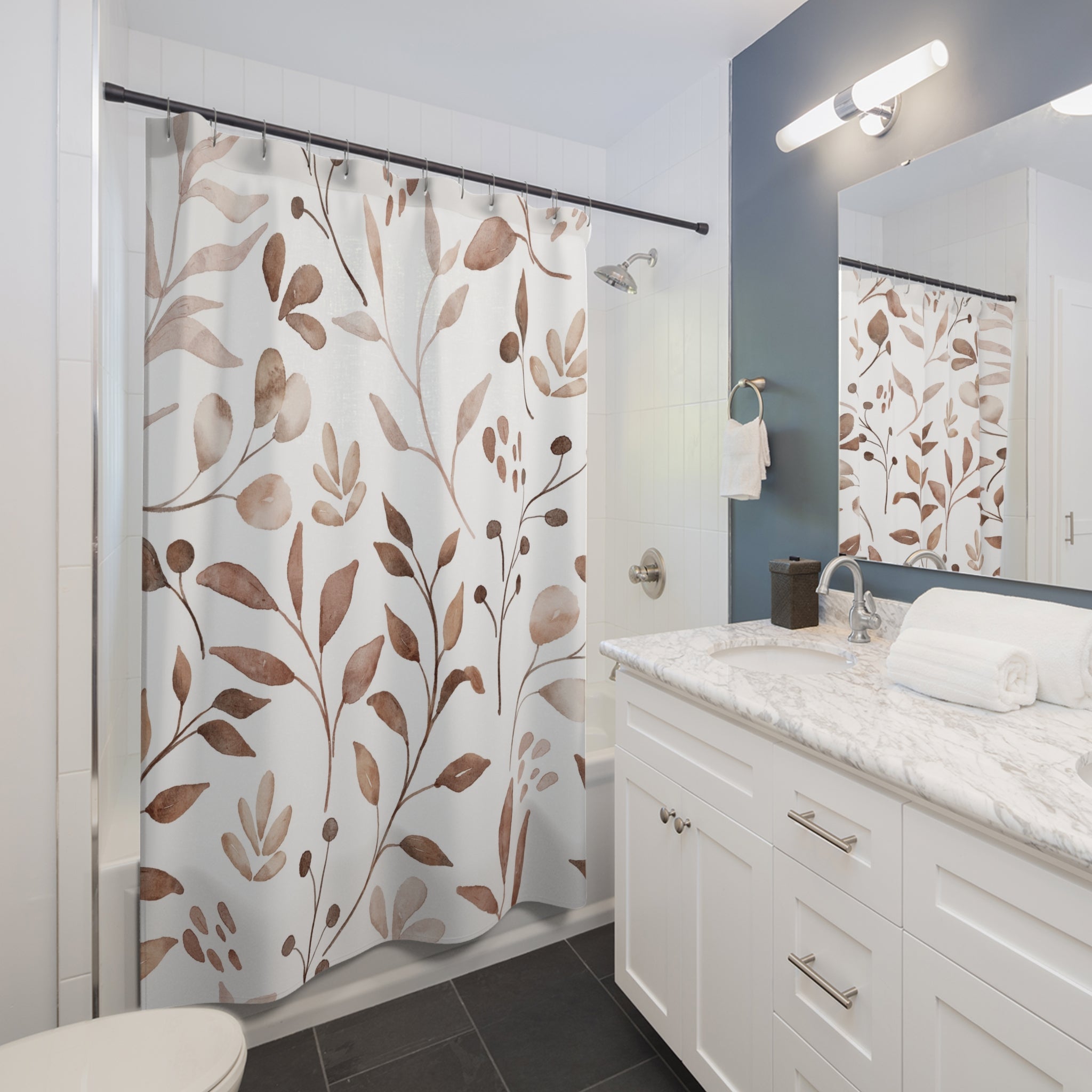 Boho Floral Shower Curtain | Beige White Leaves