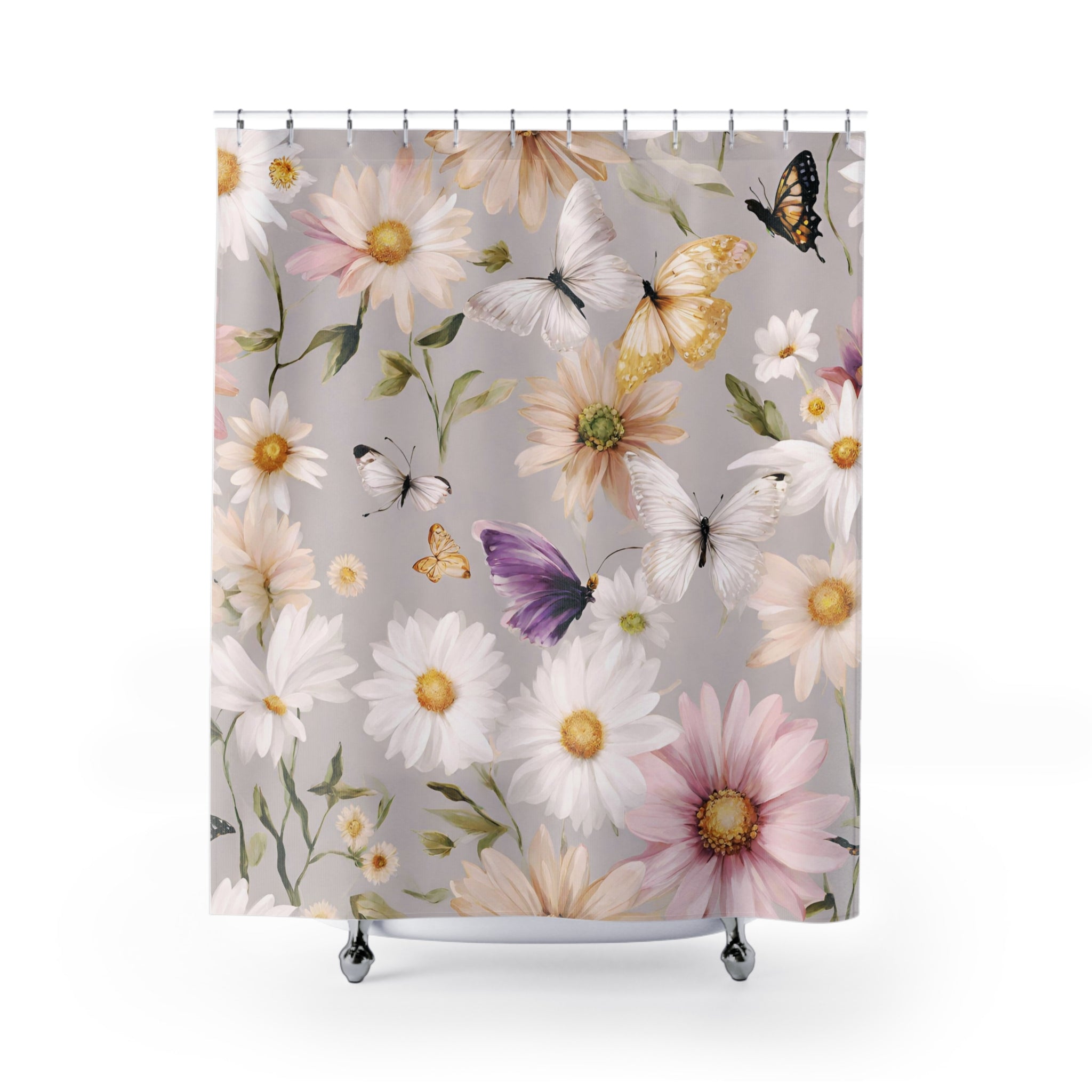 Floral Shower Curtain | Wildflowers, Daisies, White Beige Butterflies