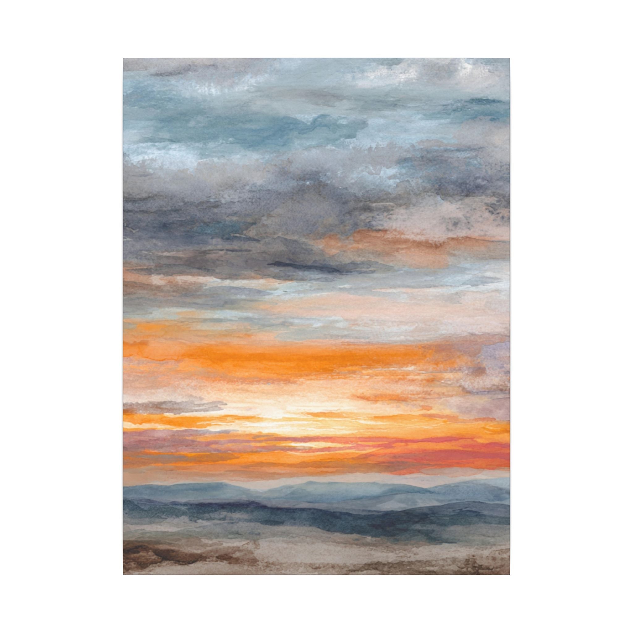 a serene landscape with a vibrant sunset over a mountainous terrain.