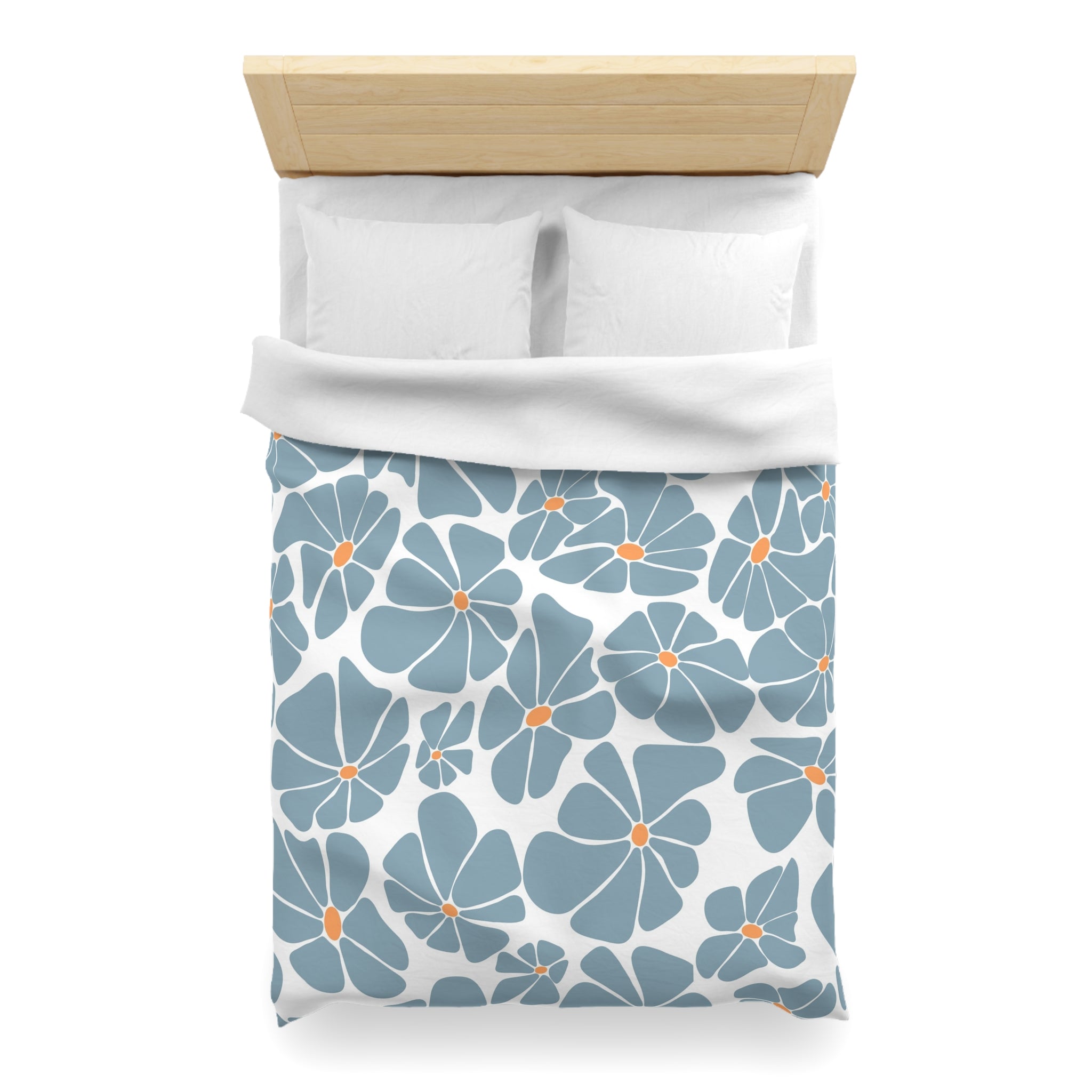 Retro, Floral Duvet Cover | Powder Blue White Orange Bedding | Bedroom Decor