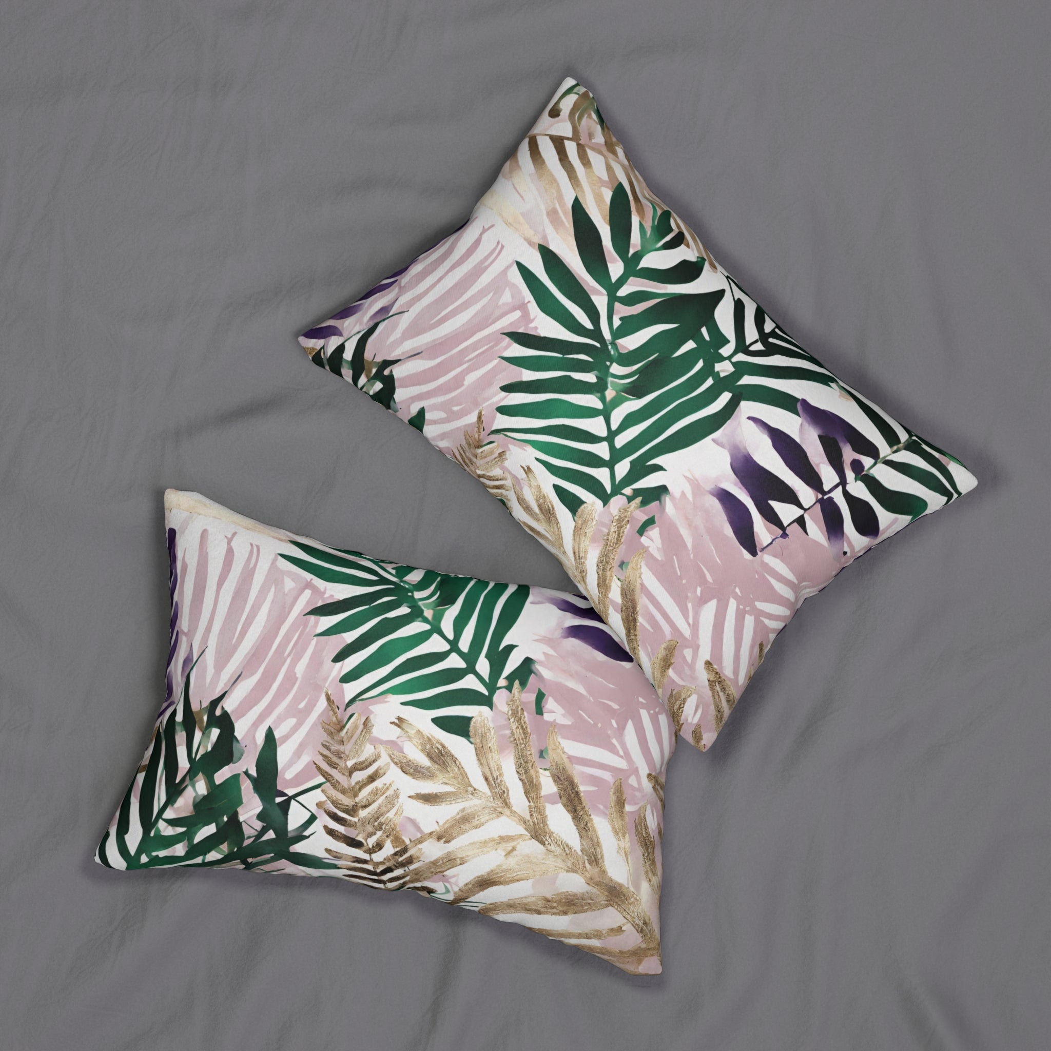 Emerald green and pink floral lumbar pillow in a modern living room