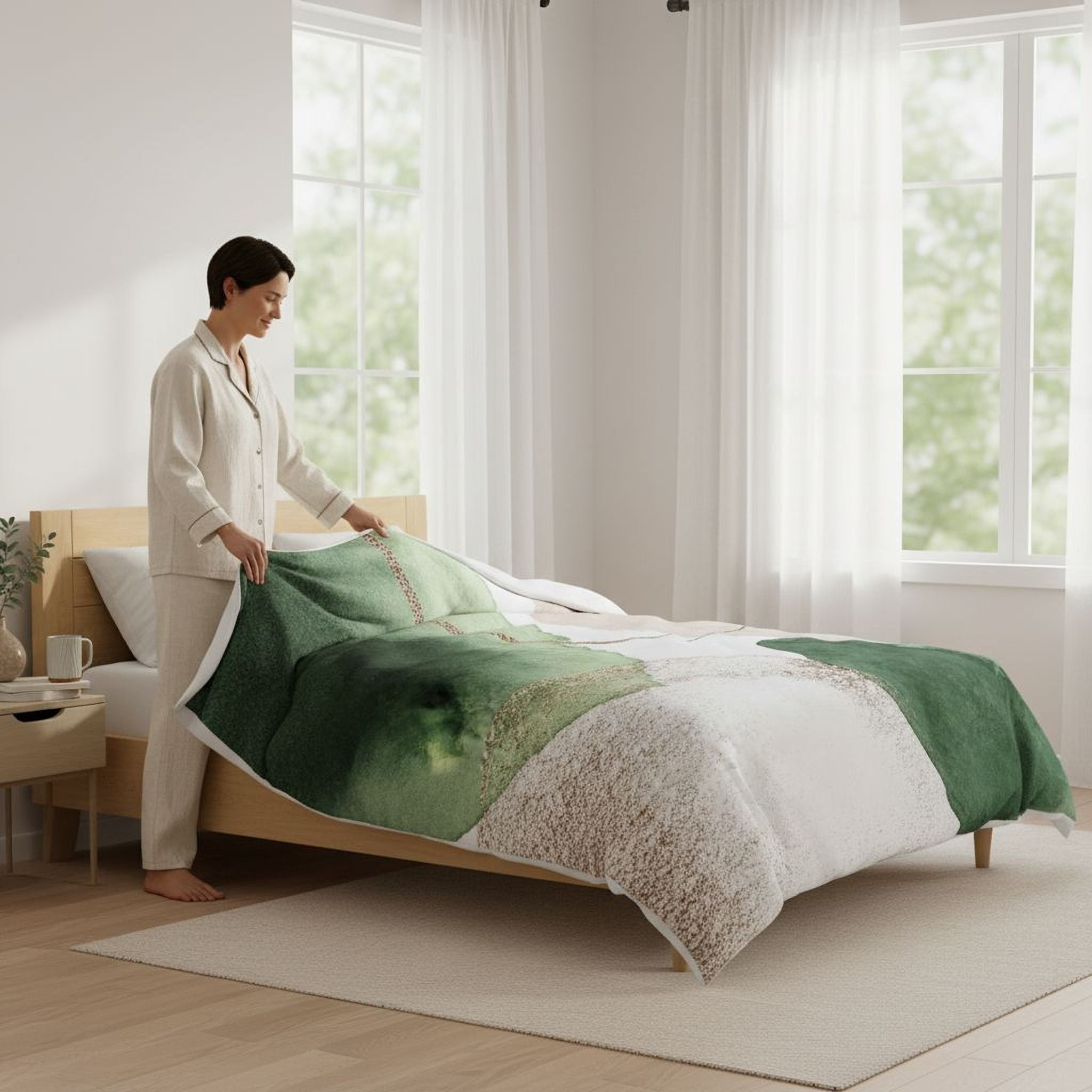 A woman in a white outfit is arranging a green and white patterned bedspread on a bed in a bedroom with large windows.