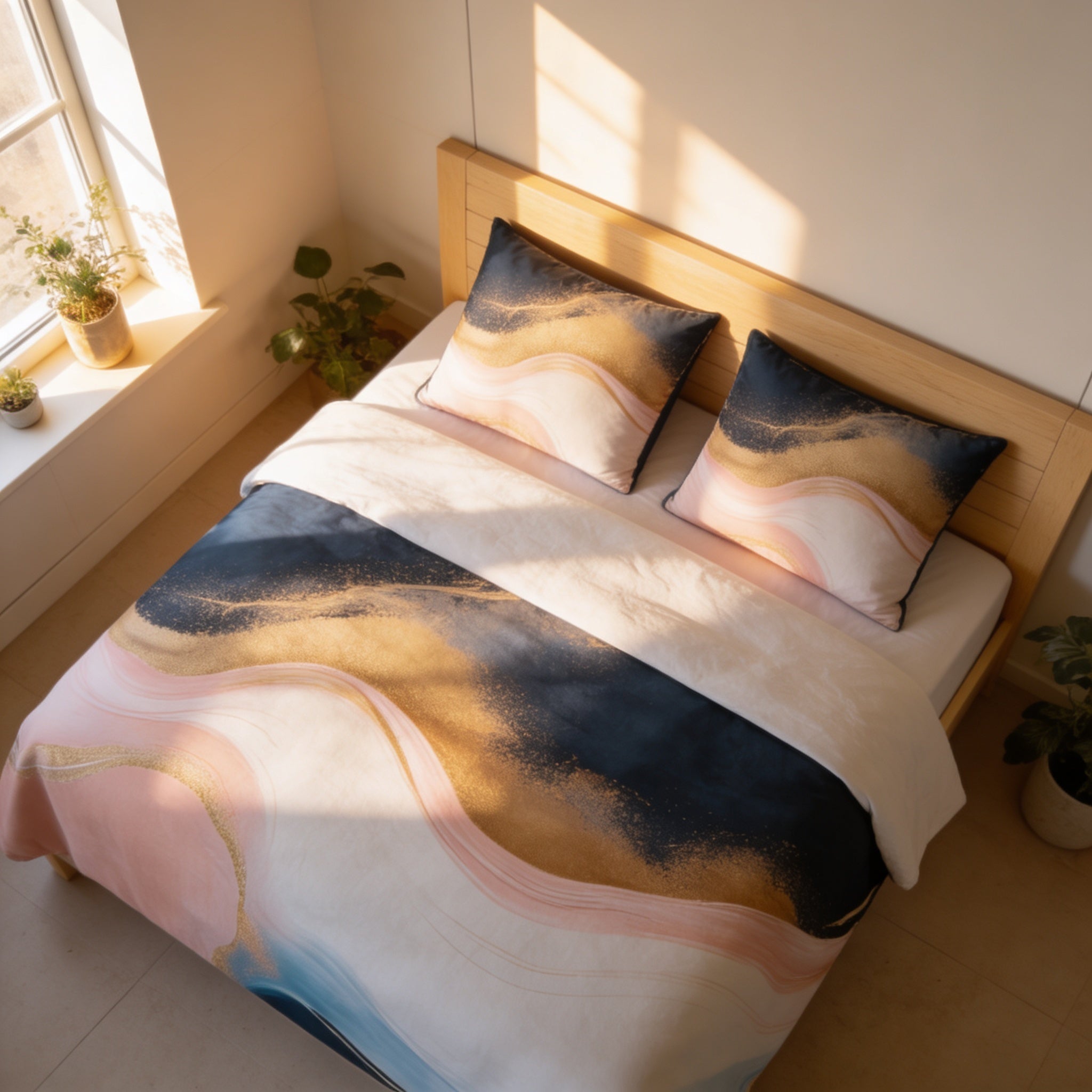 a bedroom with a bed featuring a colorful, abstract patterned comforter and pillows. The bed is positioned near a window, and there are two potted plants on either side of the bed.