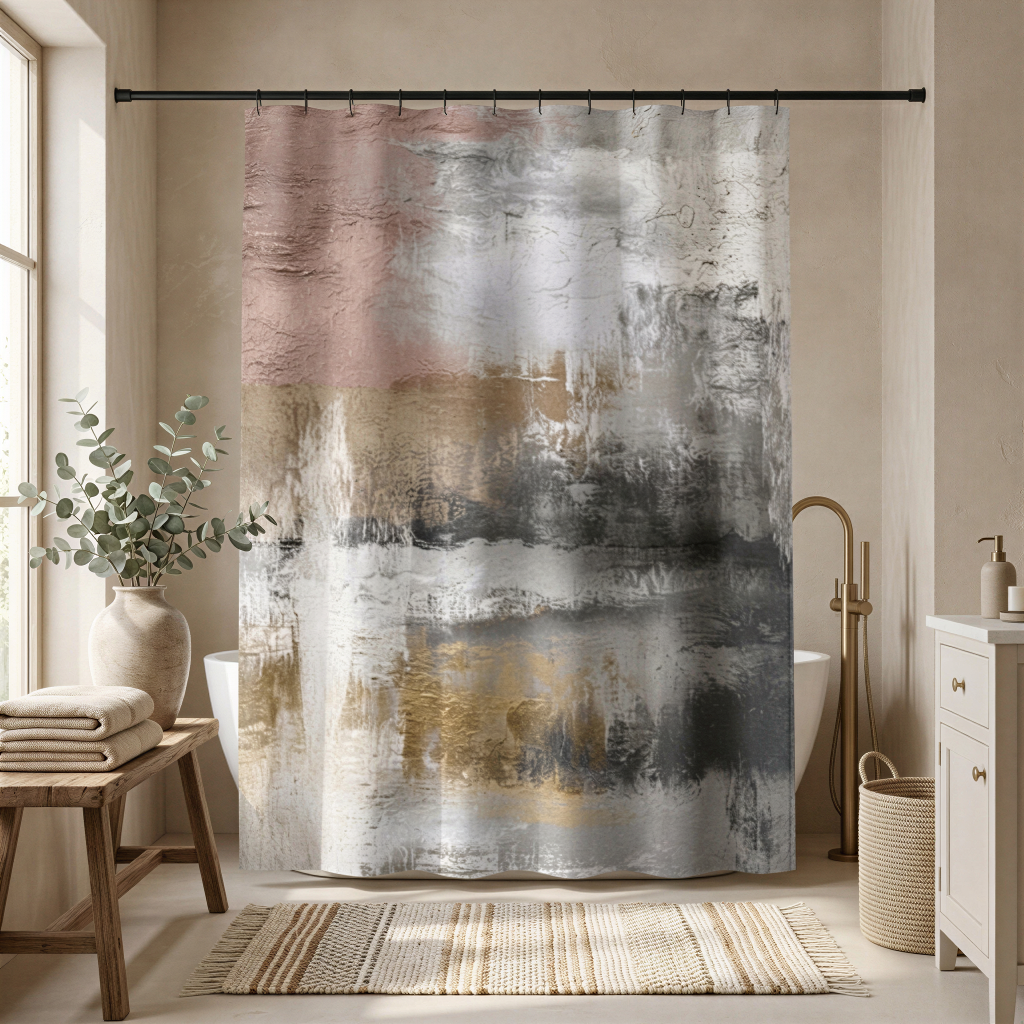 a bathroom with a large abstract painting hanging on the wall above a bathtub. The painting features a mix of pink, white, and gray colors, creating a modern and stylish aesthetic. The bathroom also includes a wooden bench, a vase with greenery, and a rug on the floor.