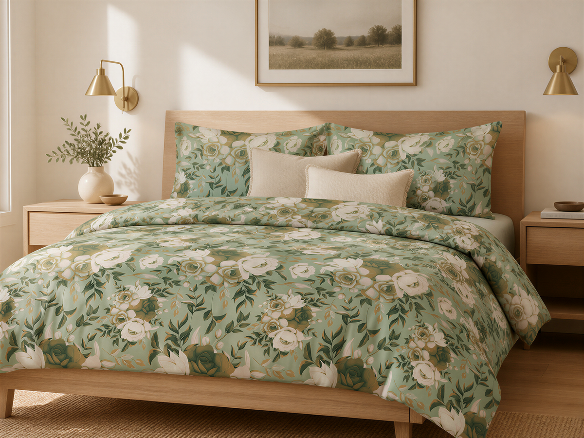 a bedroom with a large bed covered in a floral green and white comforter. The bed is flanked by two nightstands, each with a lamp. Above the bed, there is a framed landscape painting on the wall. The room has a warm, inviting atmosphere with the wooden furniture and the floral bedding.