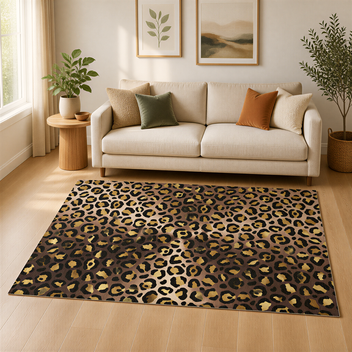 a living room with a beige sofa, a leopard print rug, and a wooden side table with a plant. The room has a window and two framed pictures on the wall.
