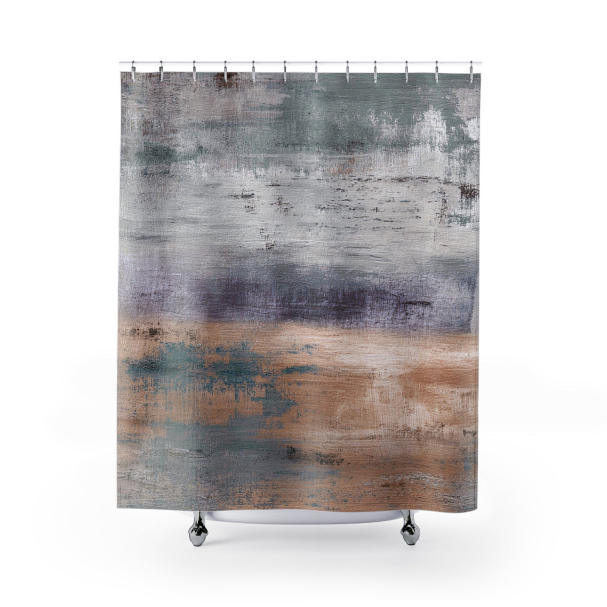 a shower curtain with a textured abstract painting design in shades of gray, brown, and blue.