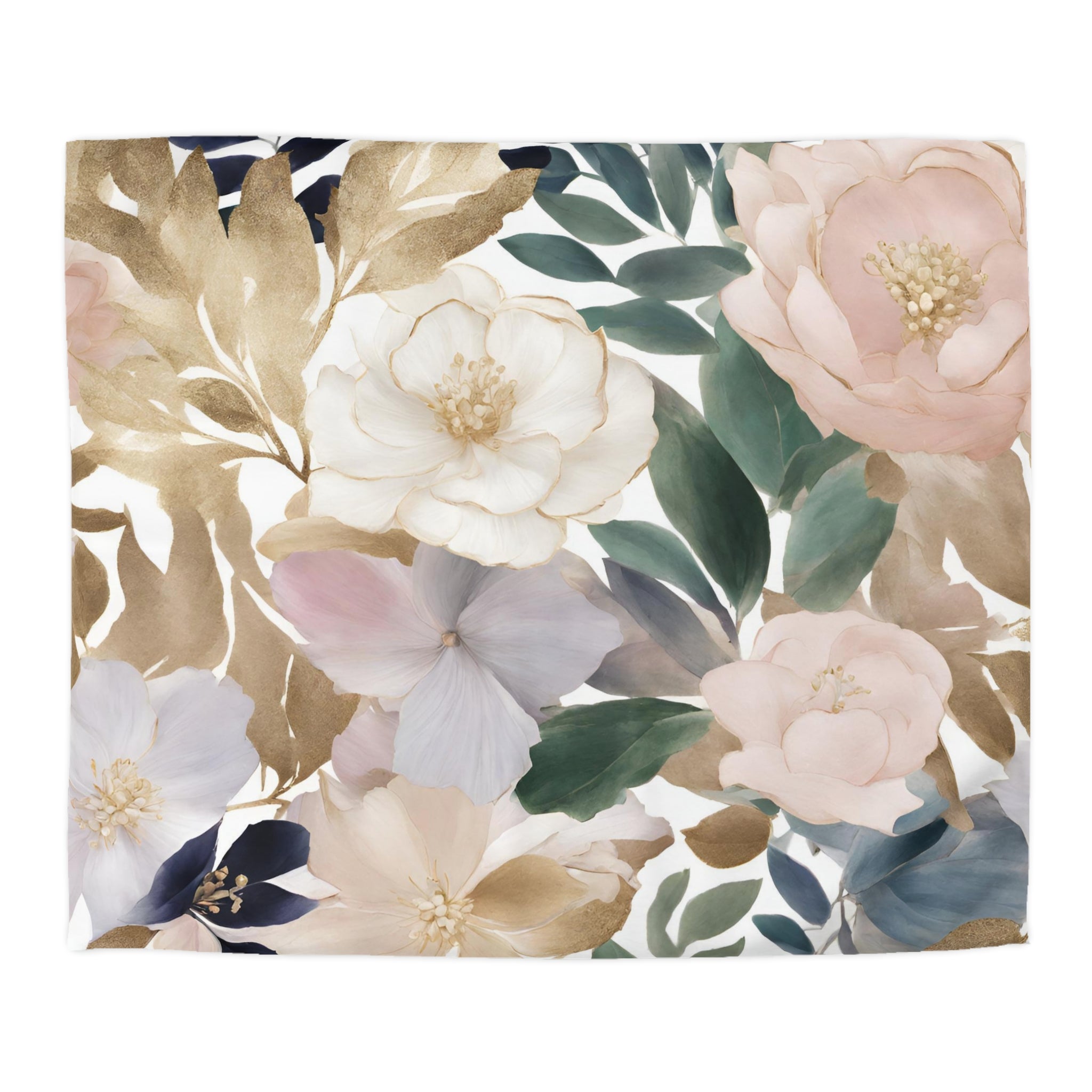 Boho Floral Duvet Cover | White Green, Blush Green, Beige Botanical | Bedroom Decor