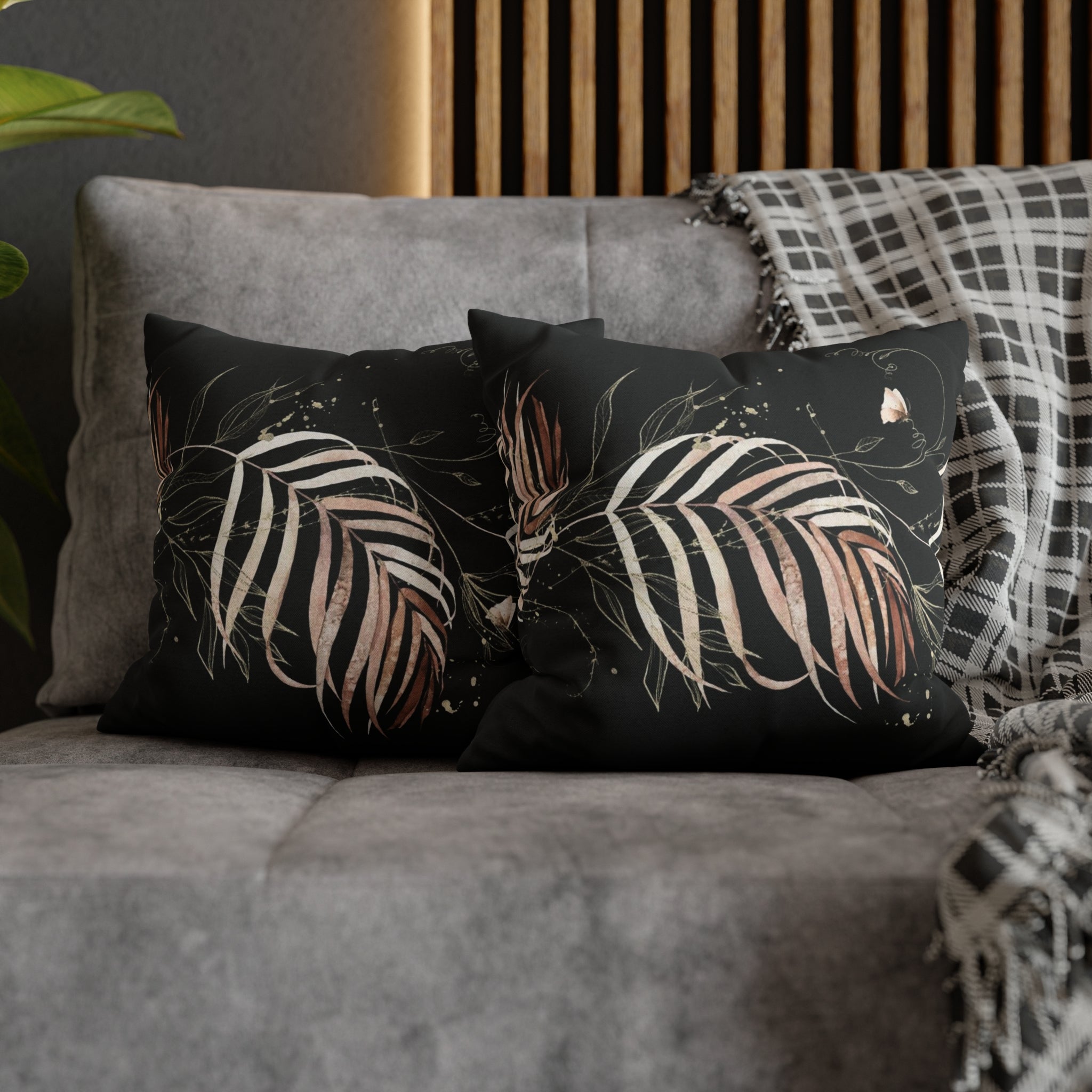 Black Floral Pillow Cover | Beige Leaves