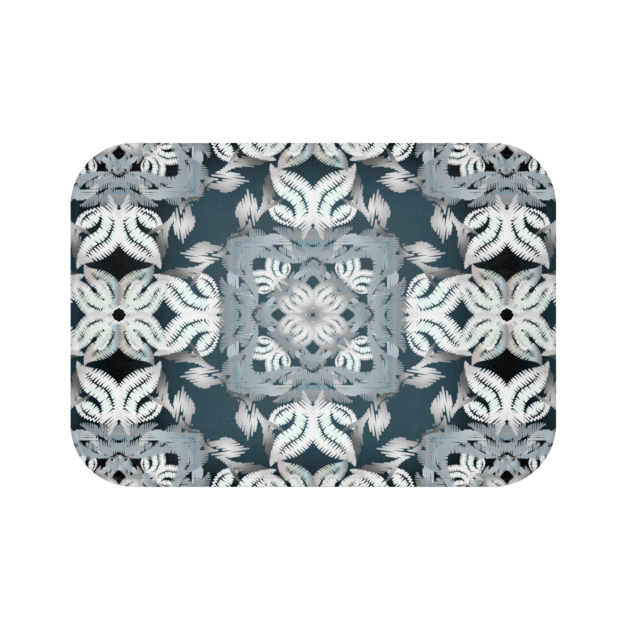 Geometric Moroccan Bath Mat | Grey Blue White Kitchen Mat