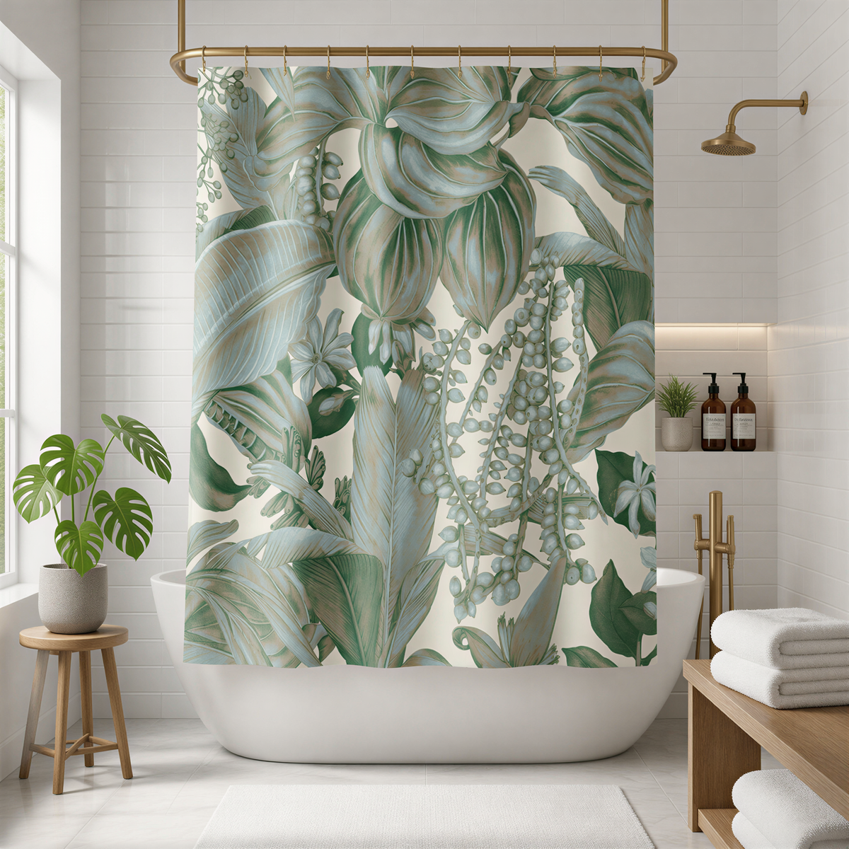 a bathroom with a large green and white floral patterned shower curtain hanging above a white bathtub. The bathroom also features a wooden bench, potted plants, and a shelf with bottles.