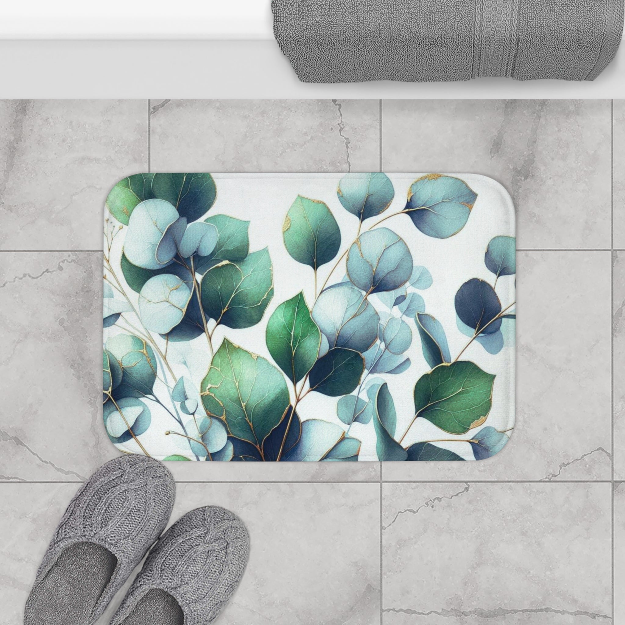Floral Bath Mat, Kitchen Mat | Forest Green, Pale Blue Eucalyptus Leavea