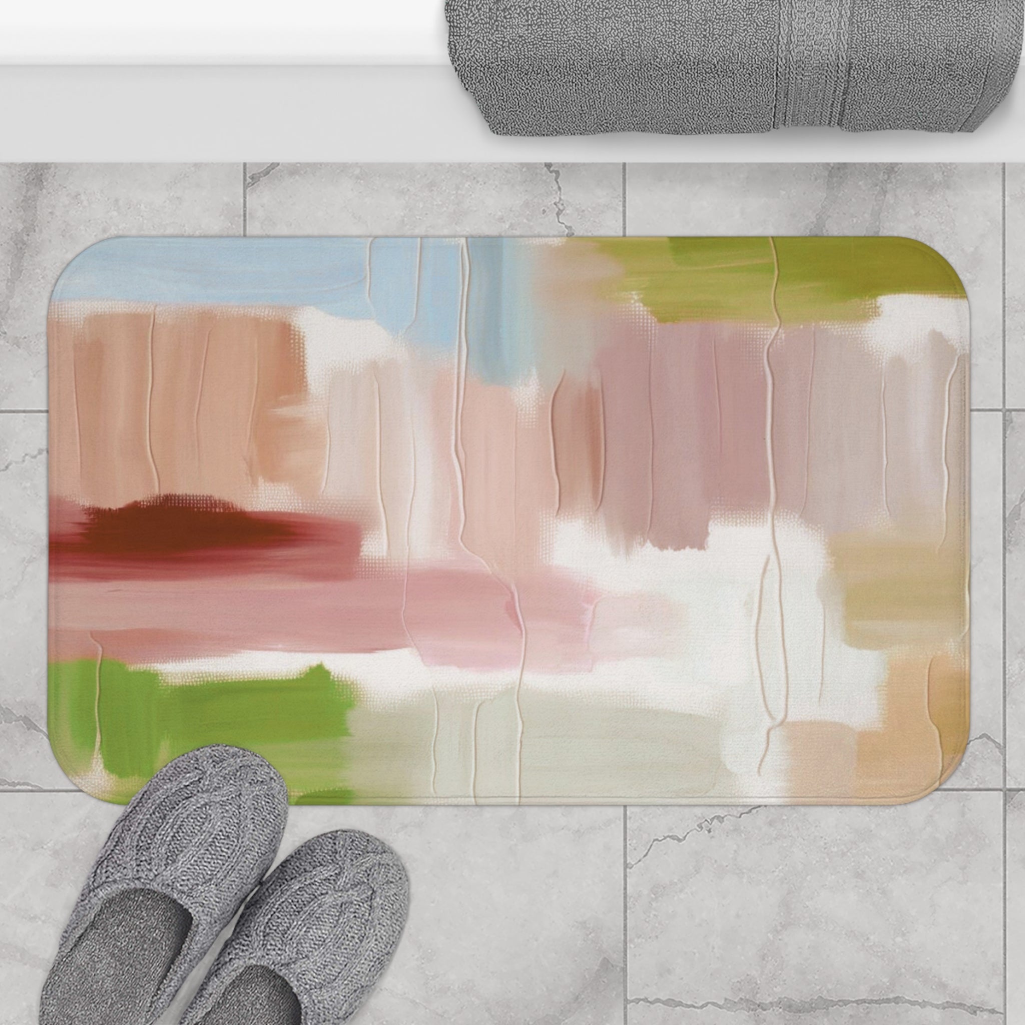Abstract Bath Mat | Pastel Beige White Green Pink Kitchen Mat