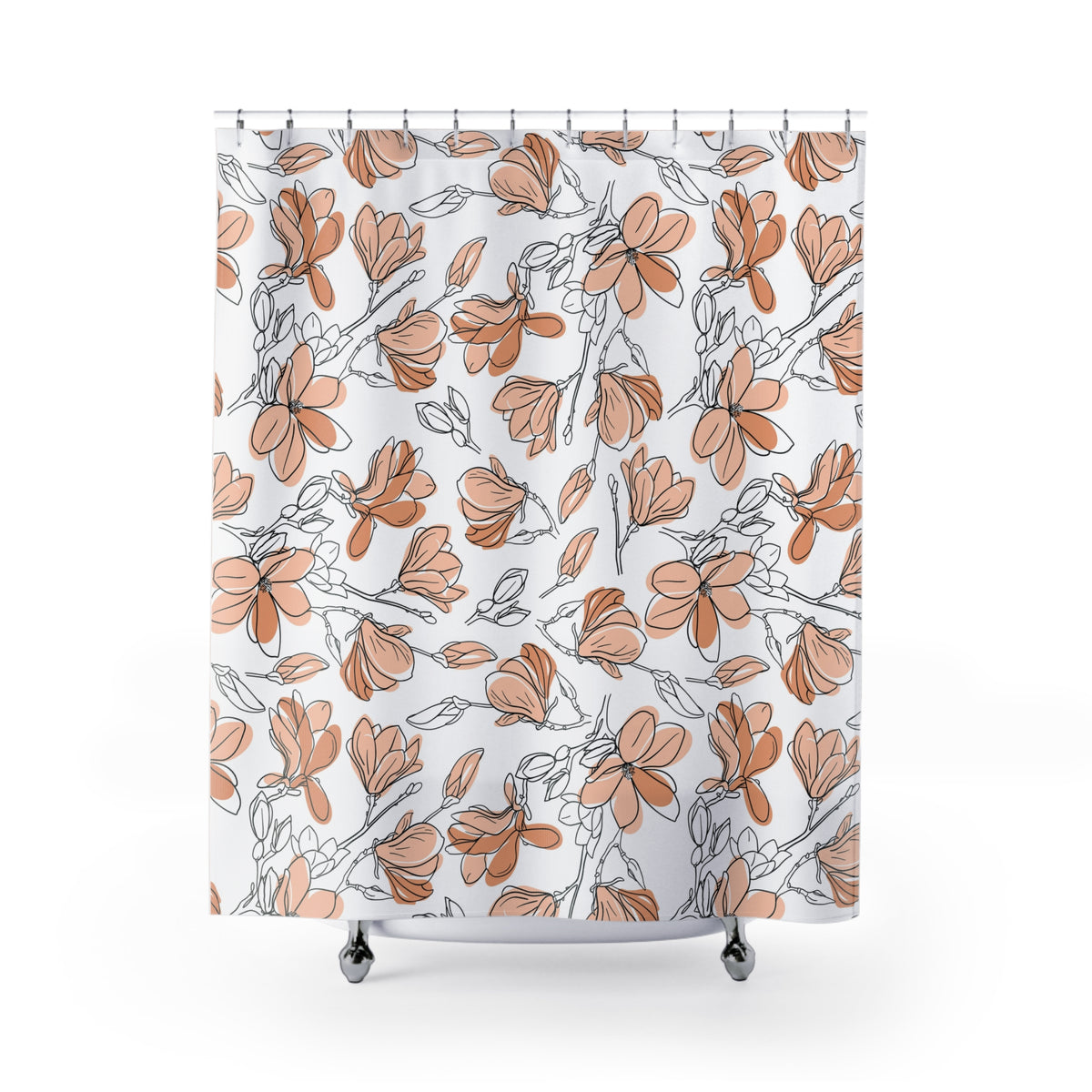 a shower curtain with a repeating pattern of orange and white flowers and leaves.