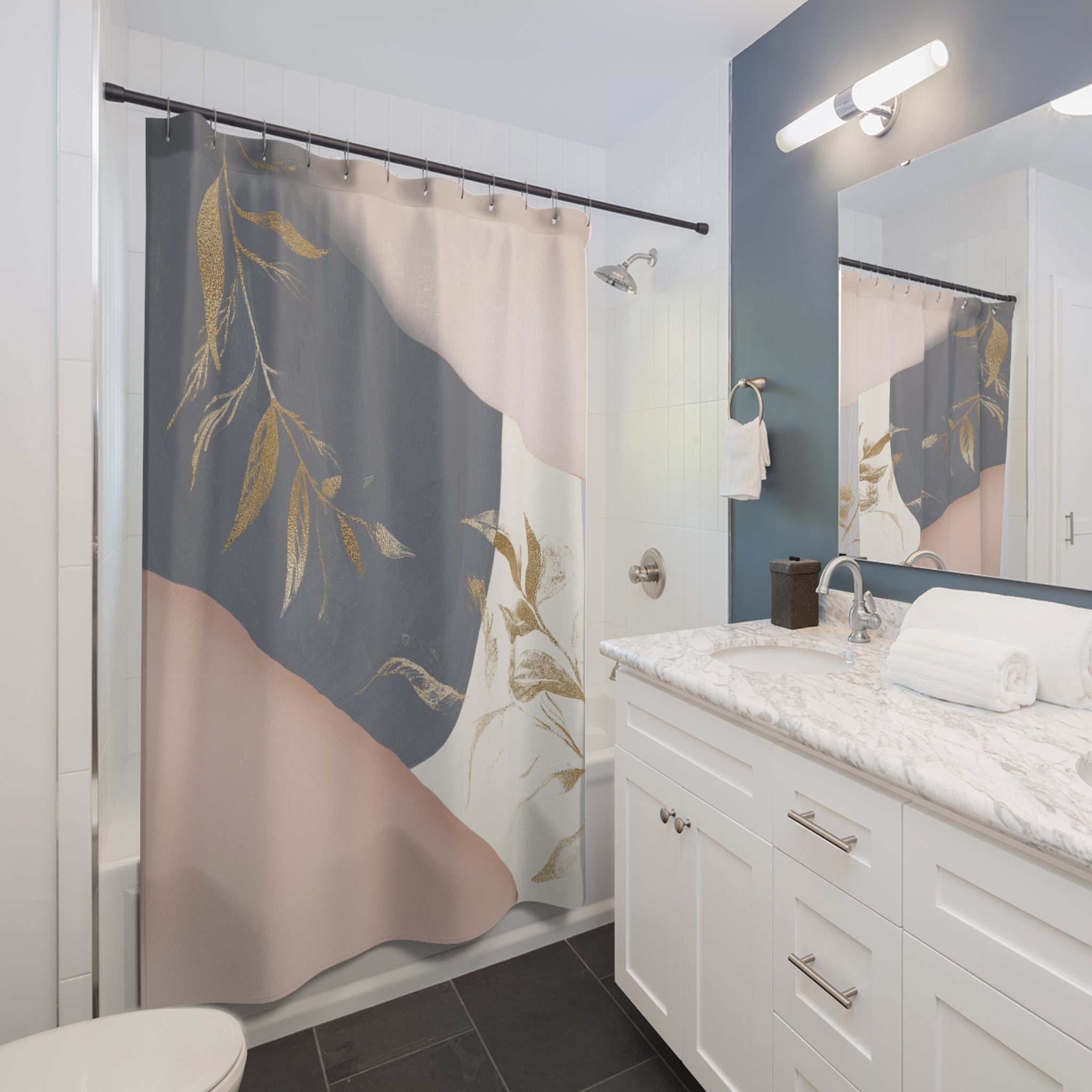 Boho Floral Shower Curtain | Modern Grey, Blush Pink, Muted Gold