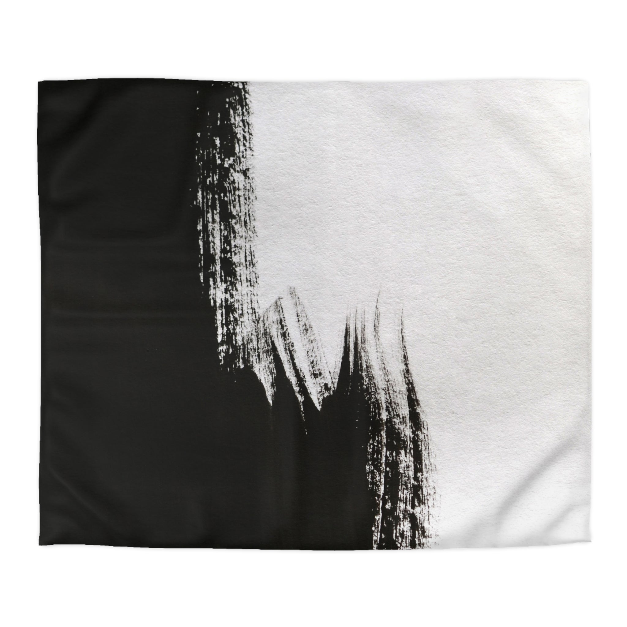 The image is a black and white abstract painting with a brush stroke effect, creating a sense of movement and energy.